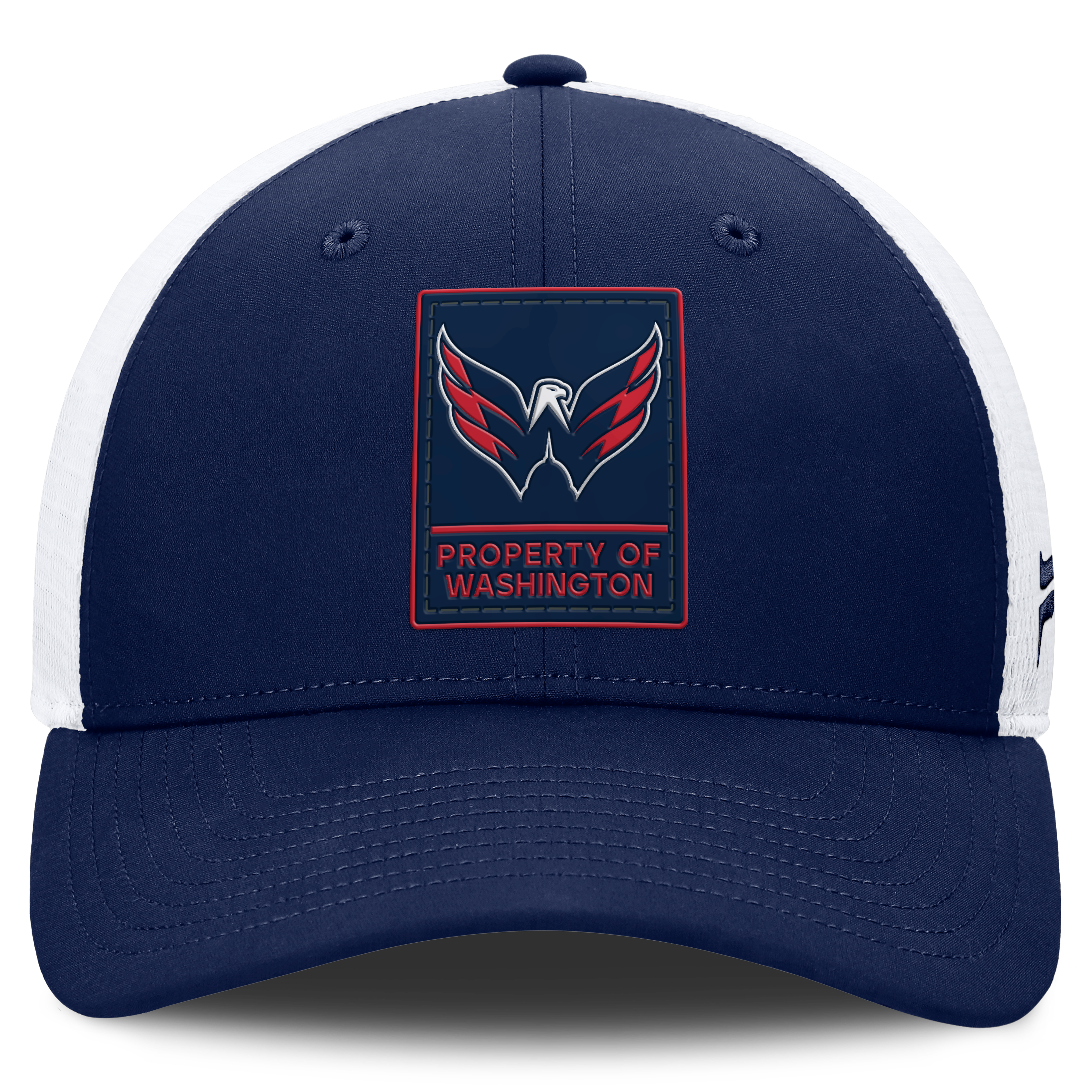 Casquette ajustable Fanatics bleu marine/blanche Washington Capitals Authentic Pro Train Meshback