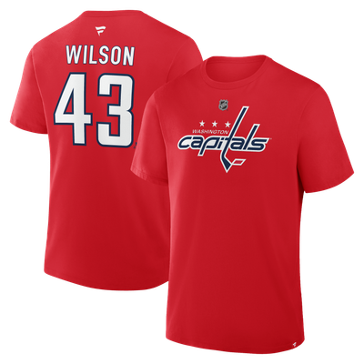 T-shirt authentique rouge à logo Tom Wilson des Capitals de Washington pour homme (Fanatics) avec nom et numéro superposés