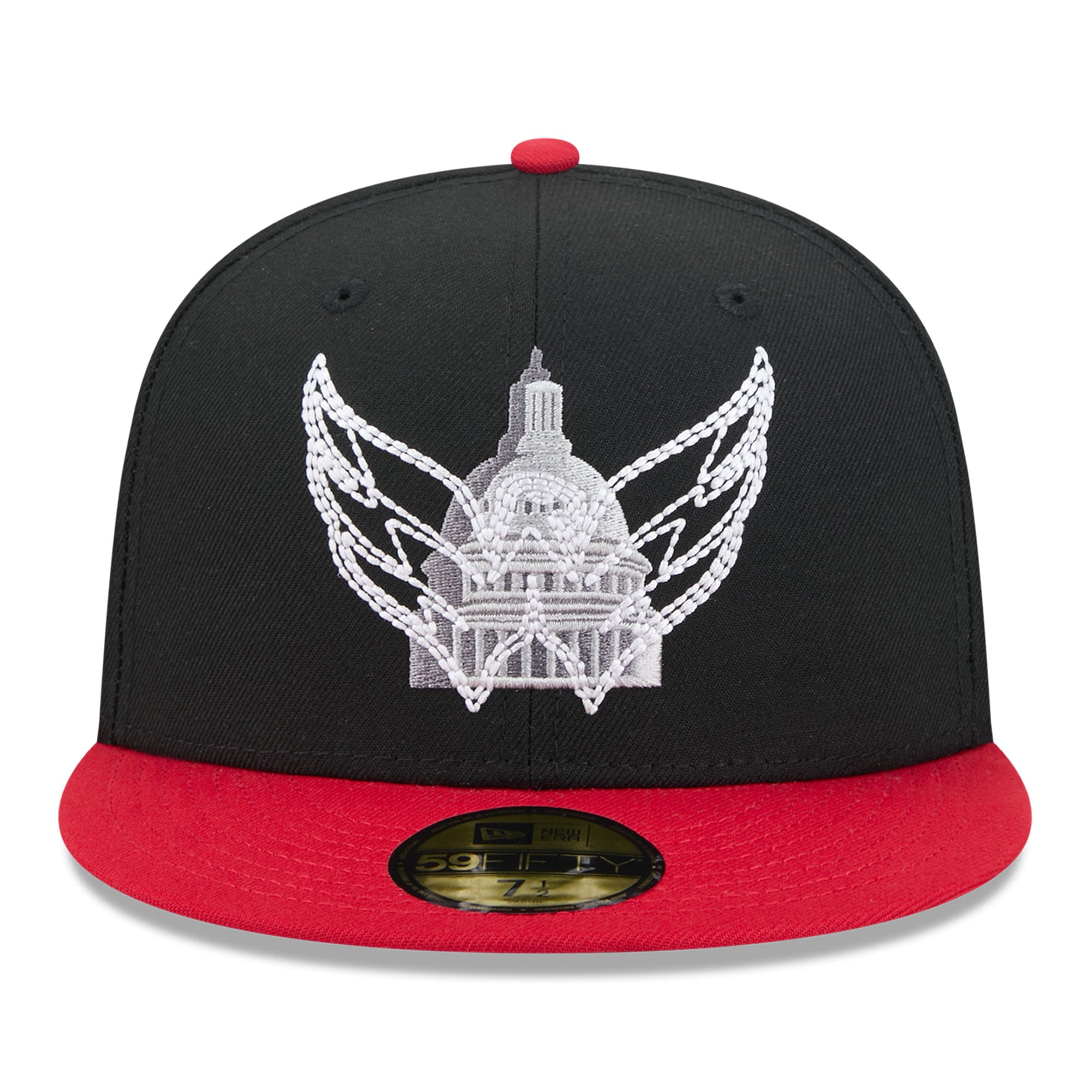 Casquette ajustée New Era 59FIFTY pour homme, noire et rouge, avec logo des Capitals de Washington surpiqûres.