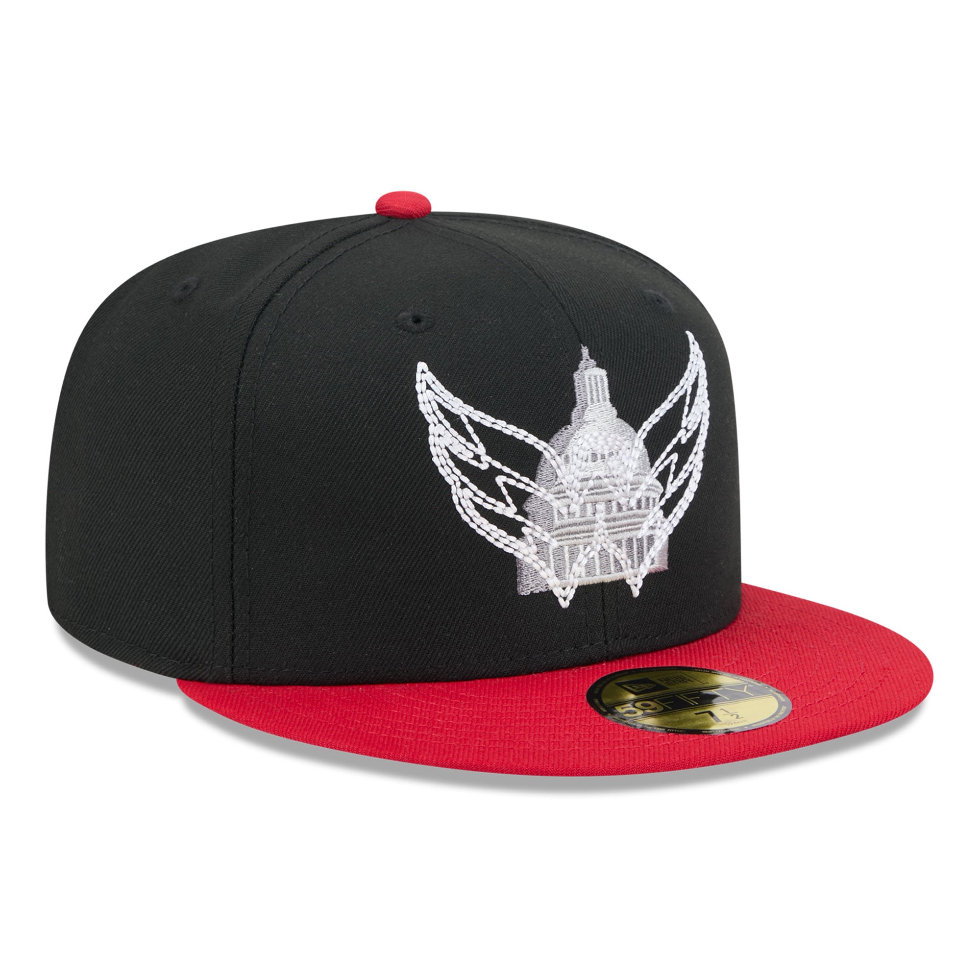 Casquette ajustée New Era 59FIFTY pour homme, noire et rouge, avec logo des Capitals de Washington surpiqûres.