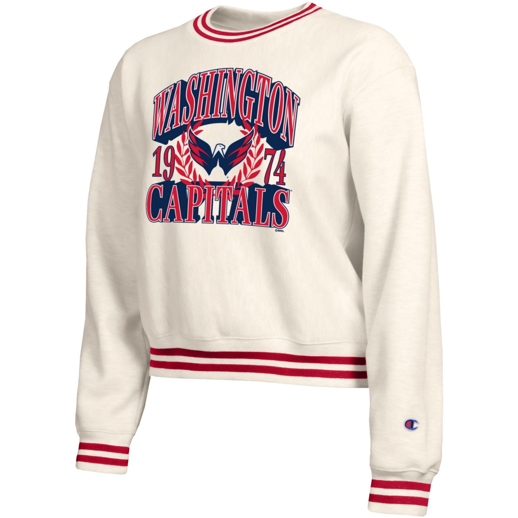 Sweat-shirt Champion crème pour femme, motif Bold Laurels des Washington Capitals, en fil tissé inversé.