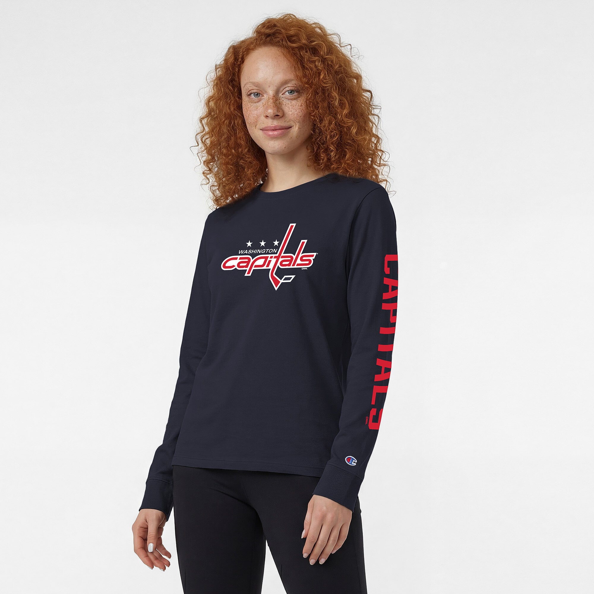 T-shirt à manches longues Champion pour femmes, bleu marine, logo de l'équipe des Capitals Washington