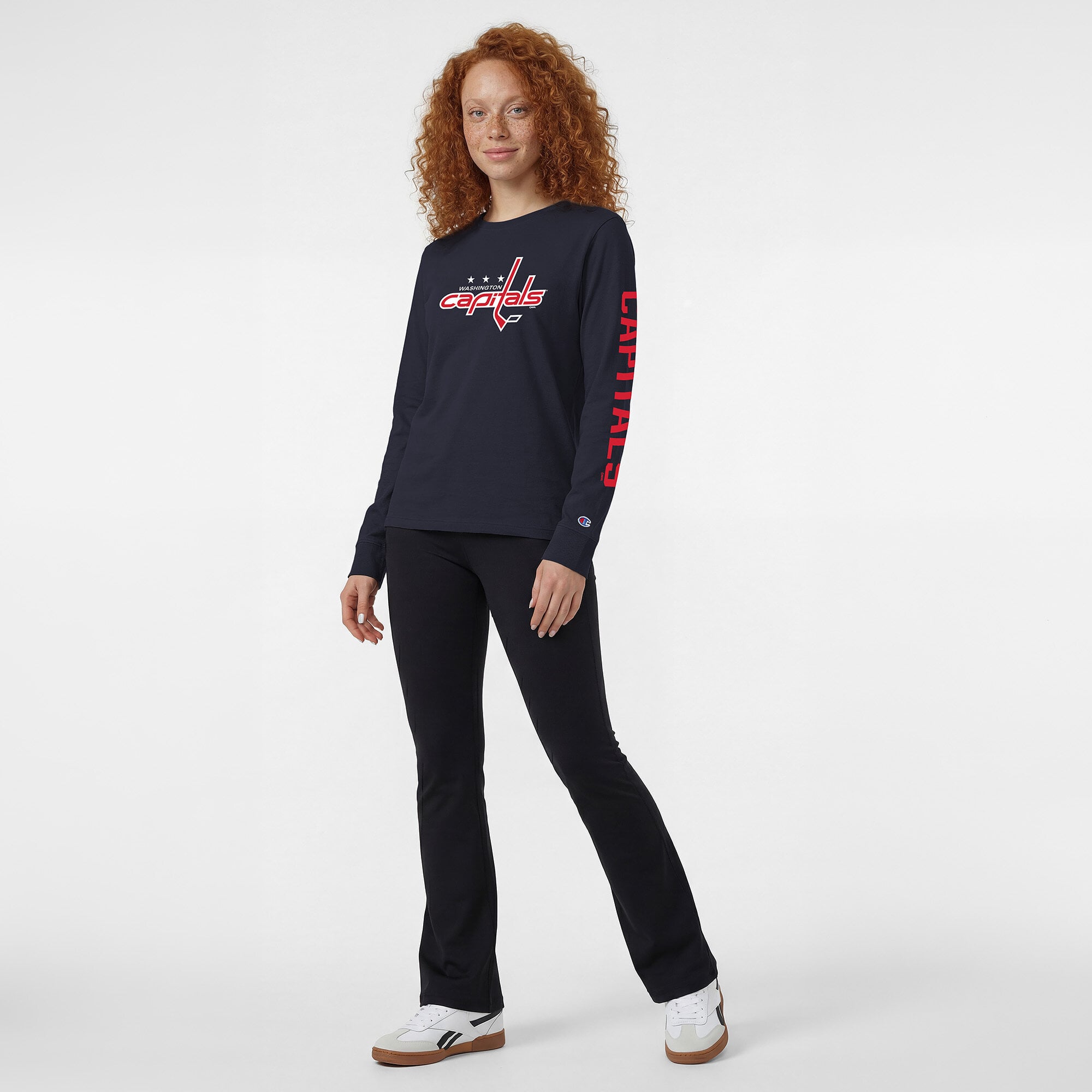 T-shirt à manches longues Champion pour femmes, bleu marine, logo de l'équipe des Capitals Washington