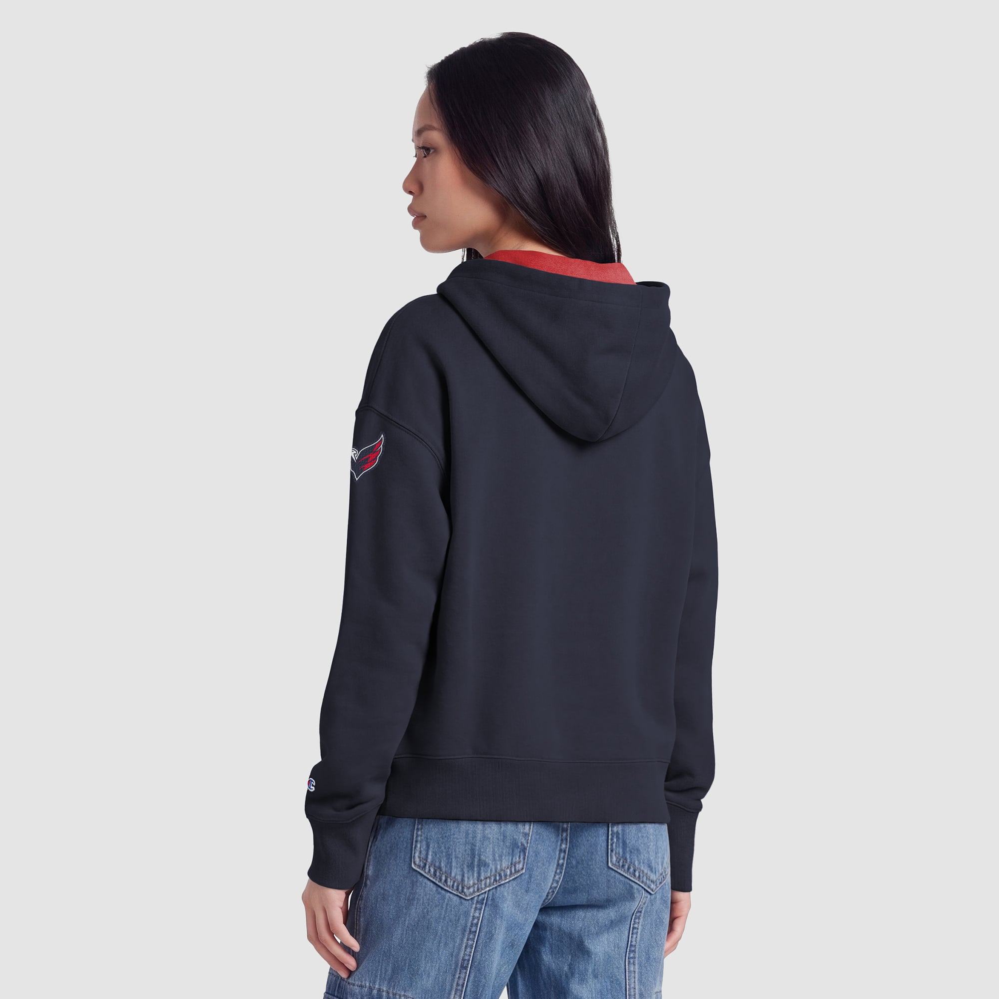 Women's Champion Navy/Red Washington Capitals Applique Full-Zip Fleece Hoodie