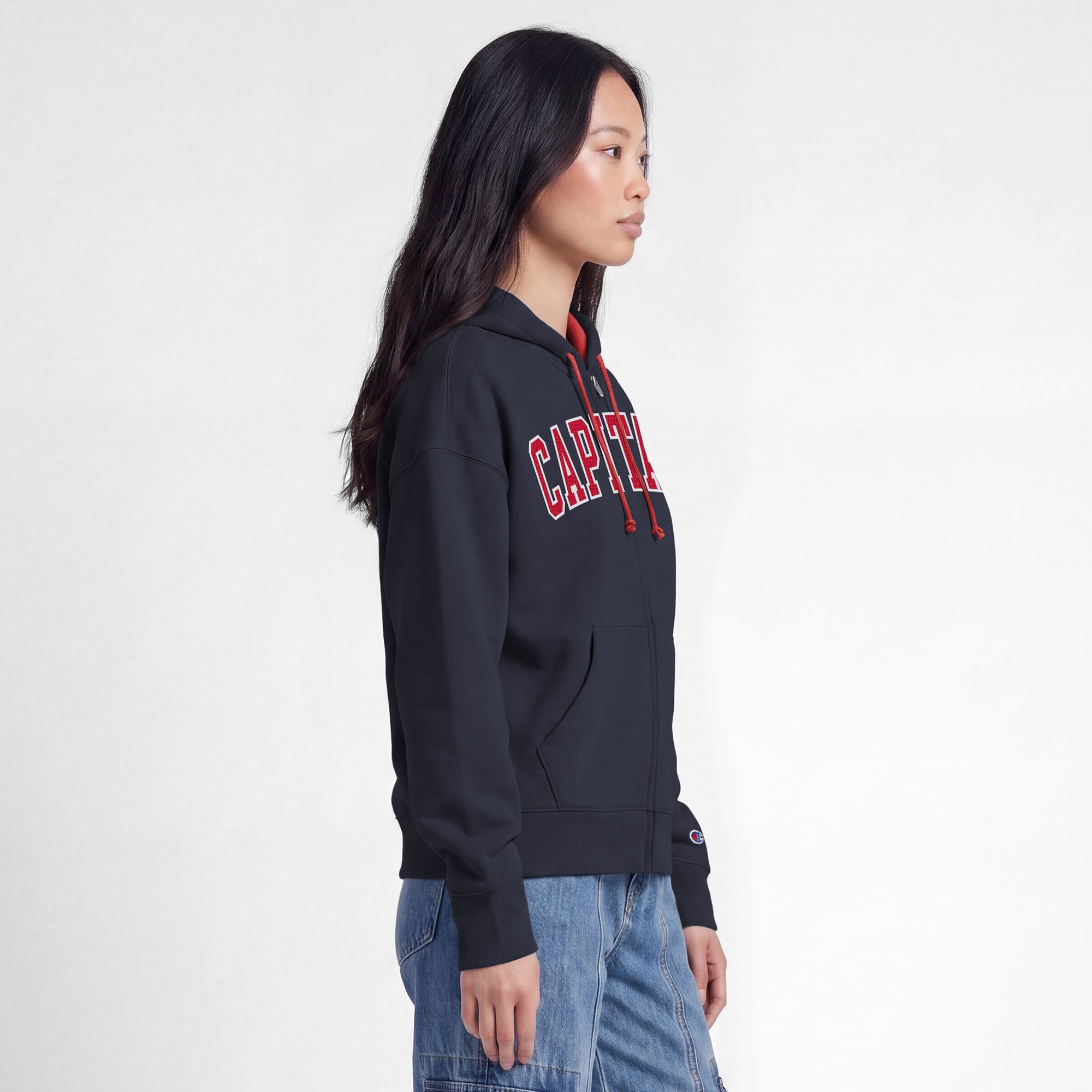 Women's Champion Navy/Red Washington Capitals Applique Full-Zip Fleece Hoodie