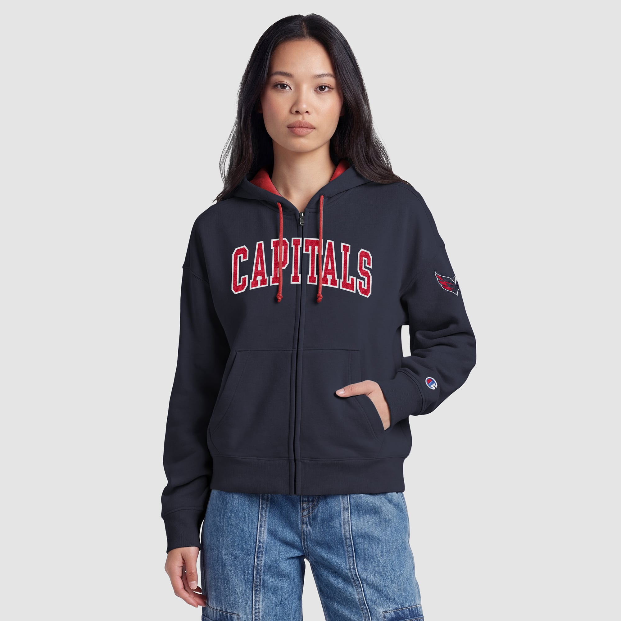 Women's Champion Navy/Red Washington Capitals Applique Full-Zip Fleece Hoodie