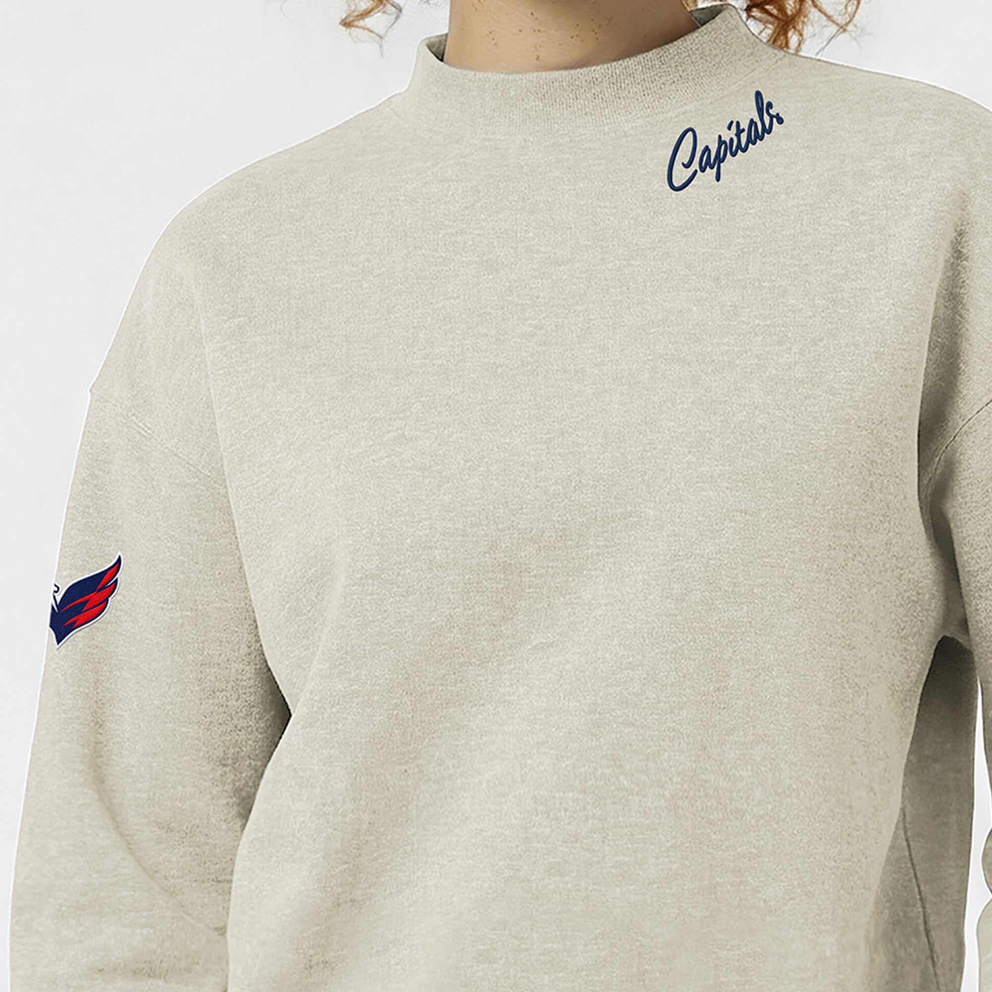 Women's Champion  Oatmeal Washington Capitals Collar Script Triumph Tri-Blend Fleece Sweatshirt