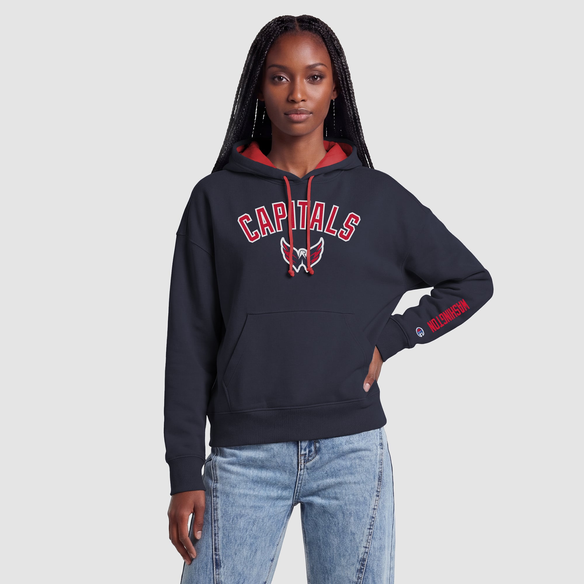 Sweat à capuche bleu marine Champion Washington Capitals pour femmes