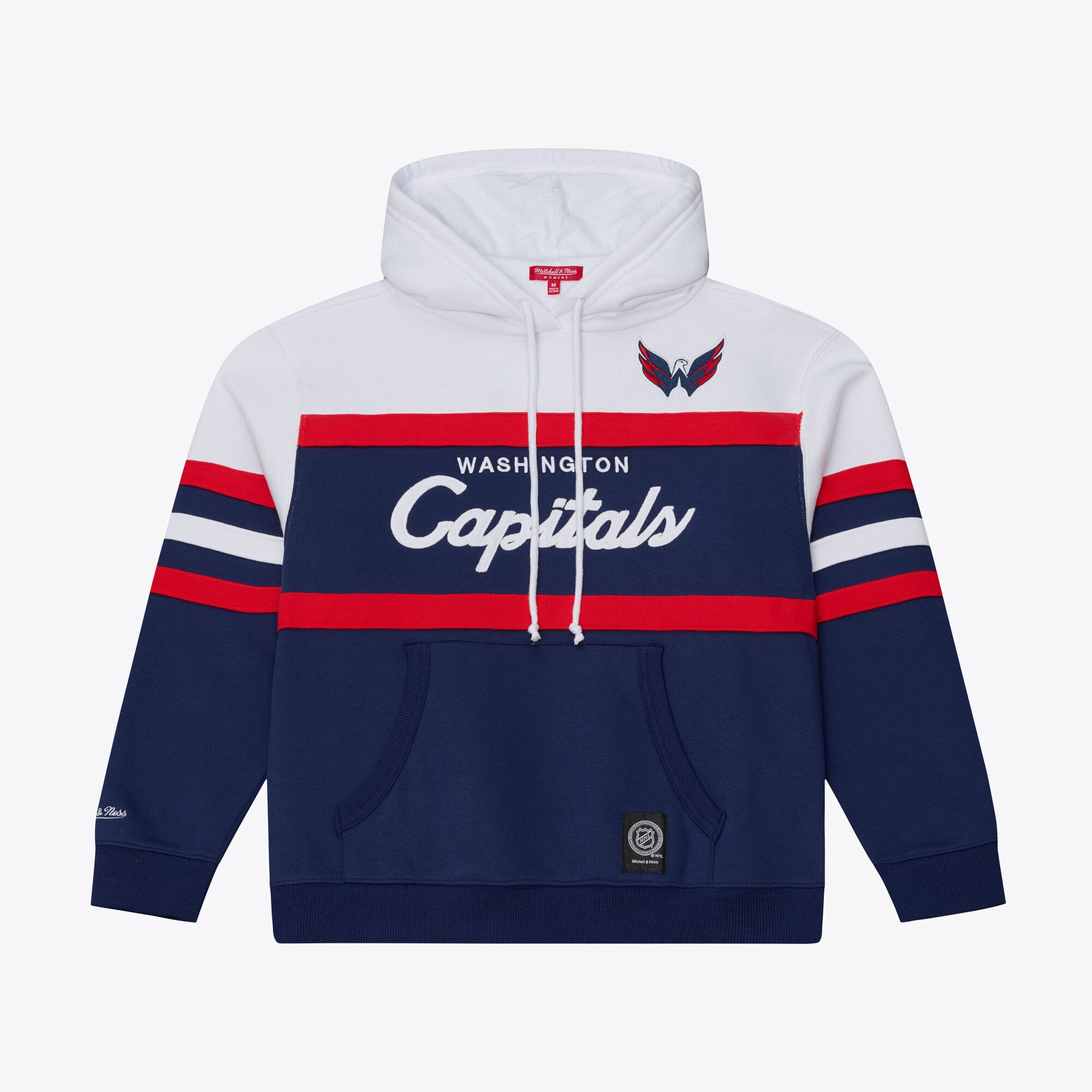 Sweat à capuche Mitchell & Ness blanc/marine pour femme, modèle entraîneur-chef des Capitals de Washington