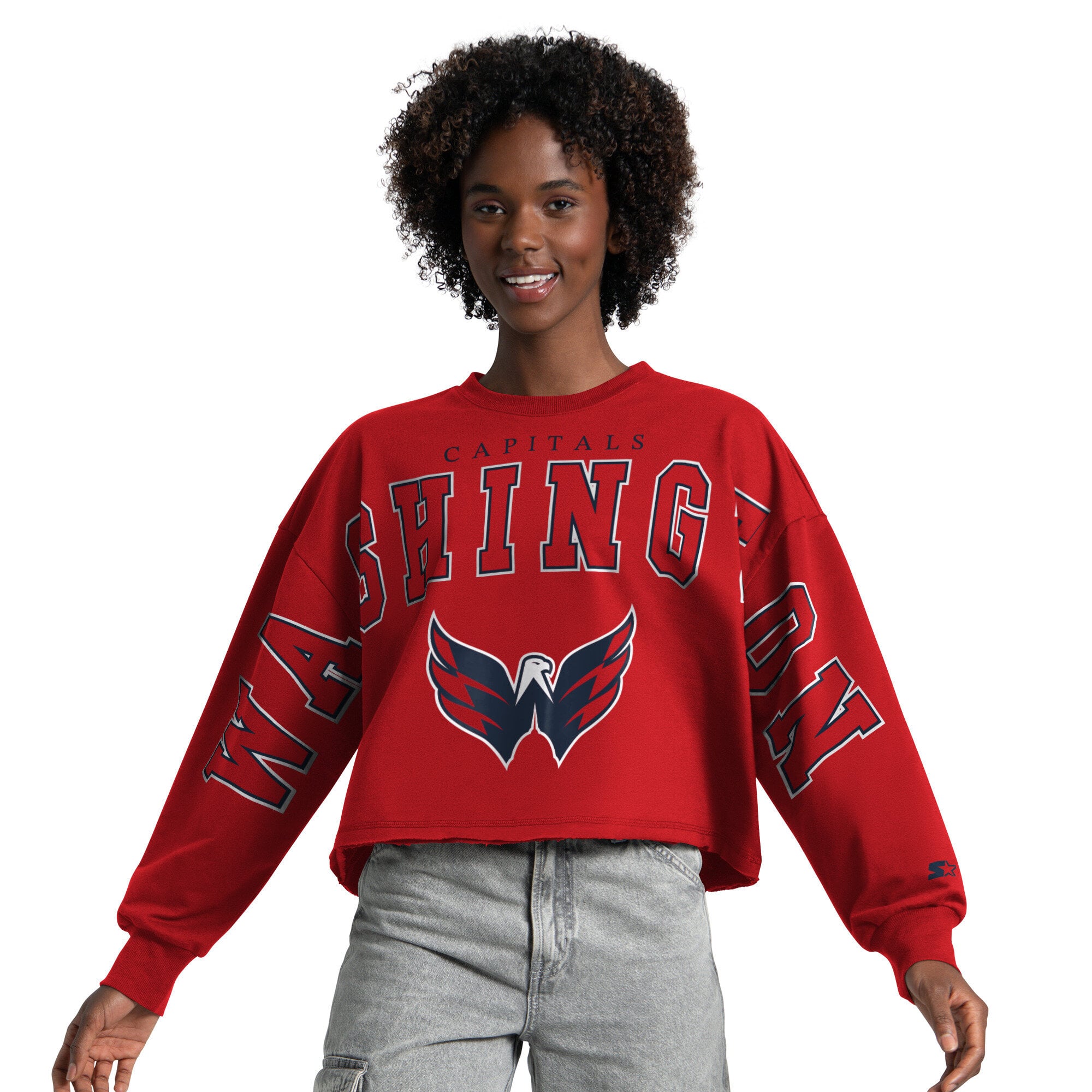 Sweat-shirt court à épaules tombantes Starter rouge pour femme, Washington Capitals.