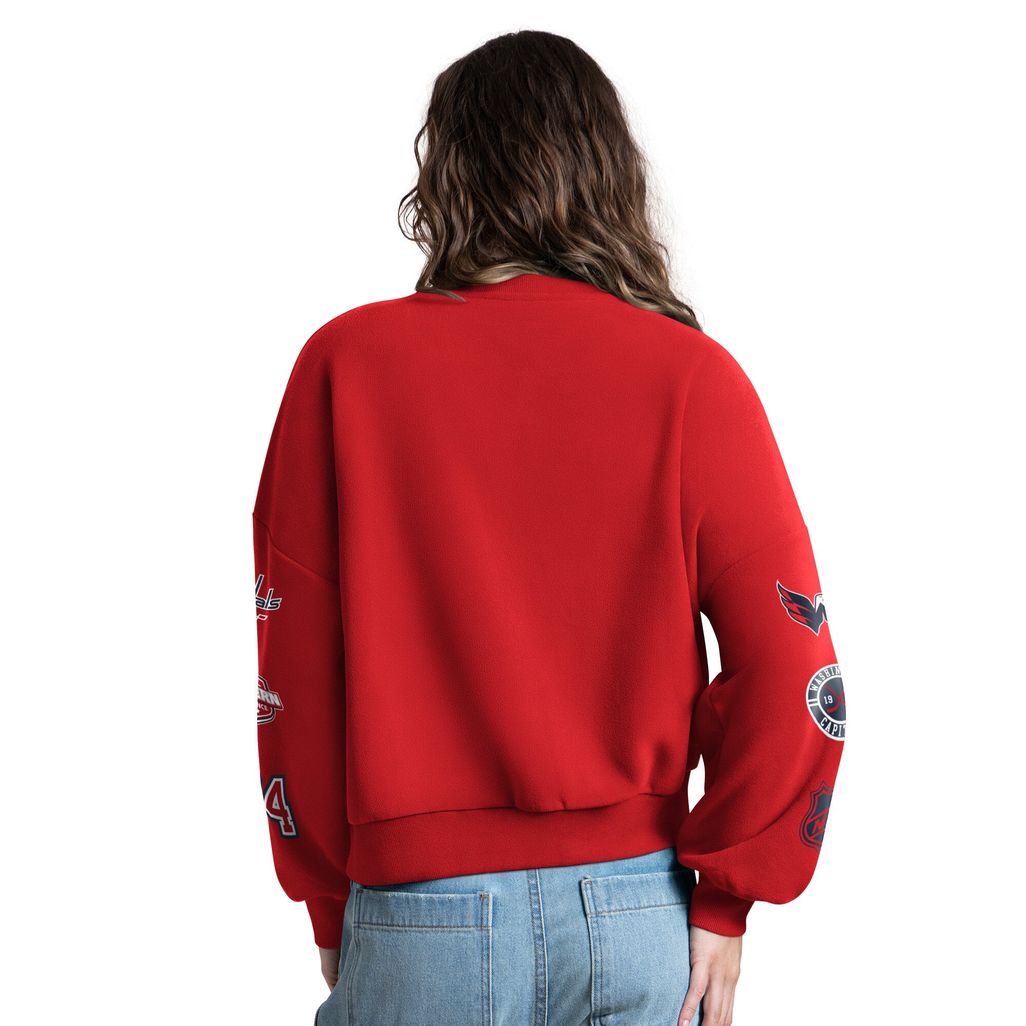 Sweat-shirt Starter rouge pour femme, motif imprimé appliqué sur la manche, représentant les Capitals de Washington.