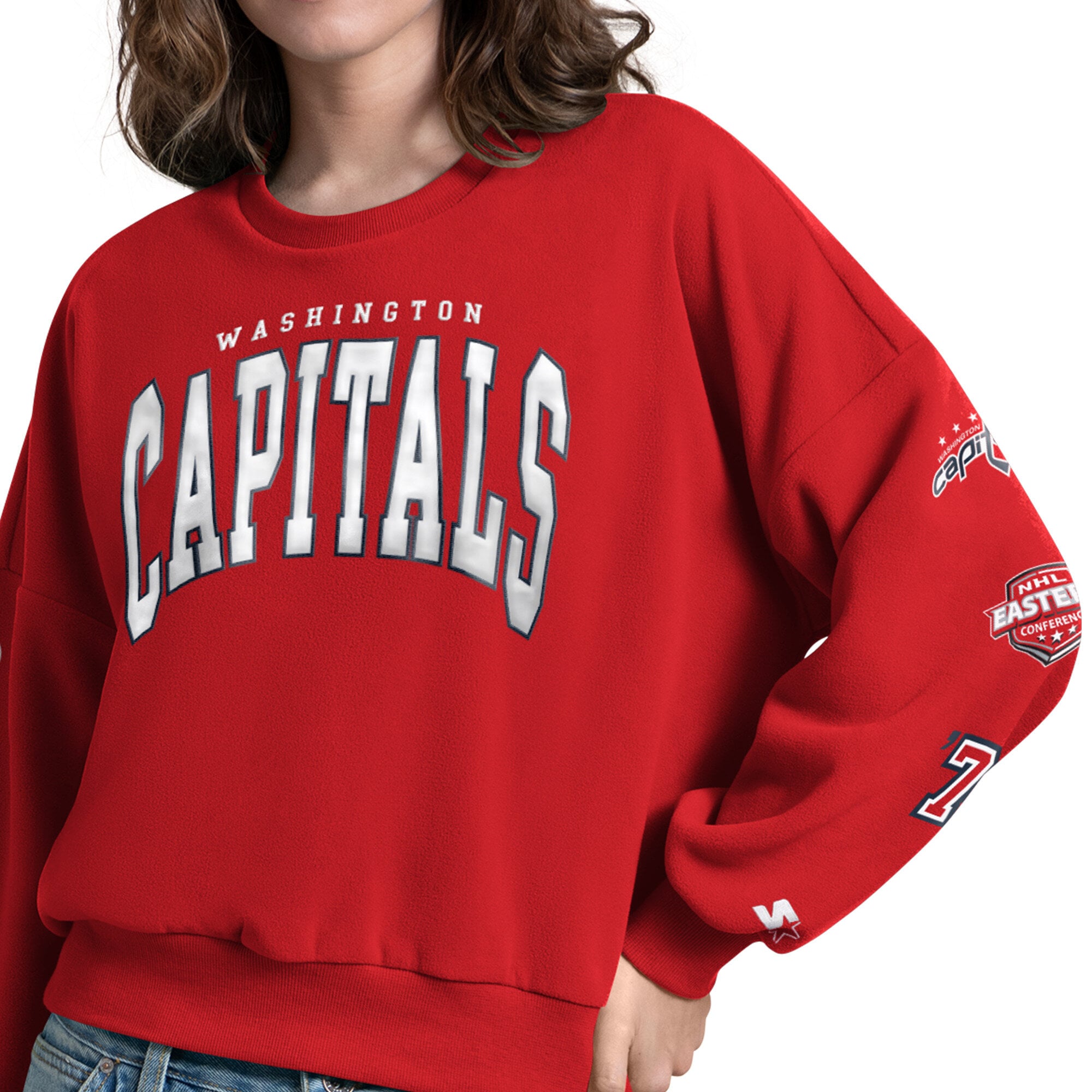 Sweat-shirt Starter rouge pour femme, motif imprimé appliqué sur la manche, représentant les Capitals de Washington.