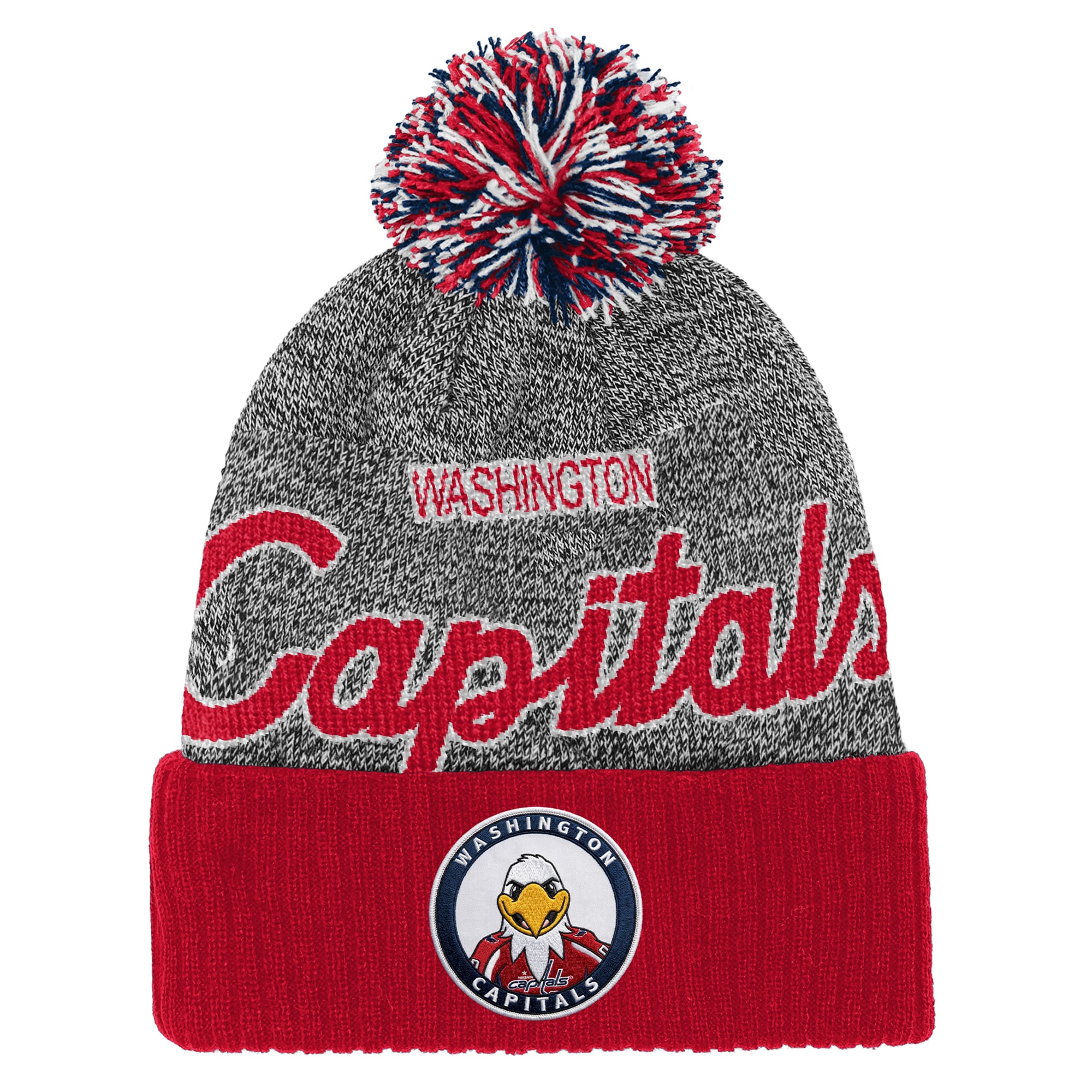 Bonnet à revers Mitchell & Ness rouge et gris à l'effigie de la mascotte des Capitals de Washington, avec pompon.