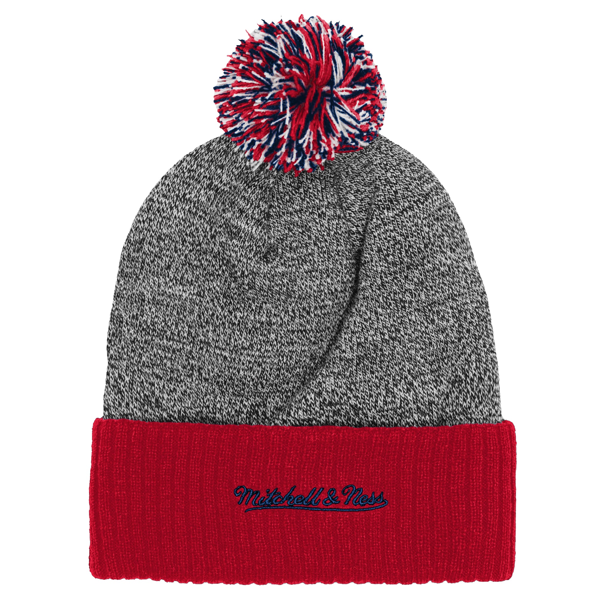 Bonnet à revers Mitchell & Ness rouge et gris à l'effigie de la mascotte des Capitals de Washington, avec pompon.