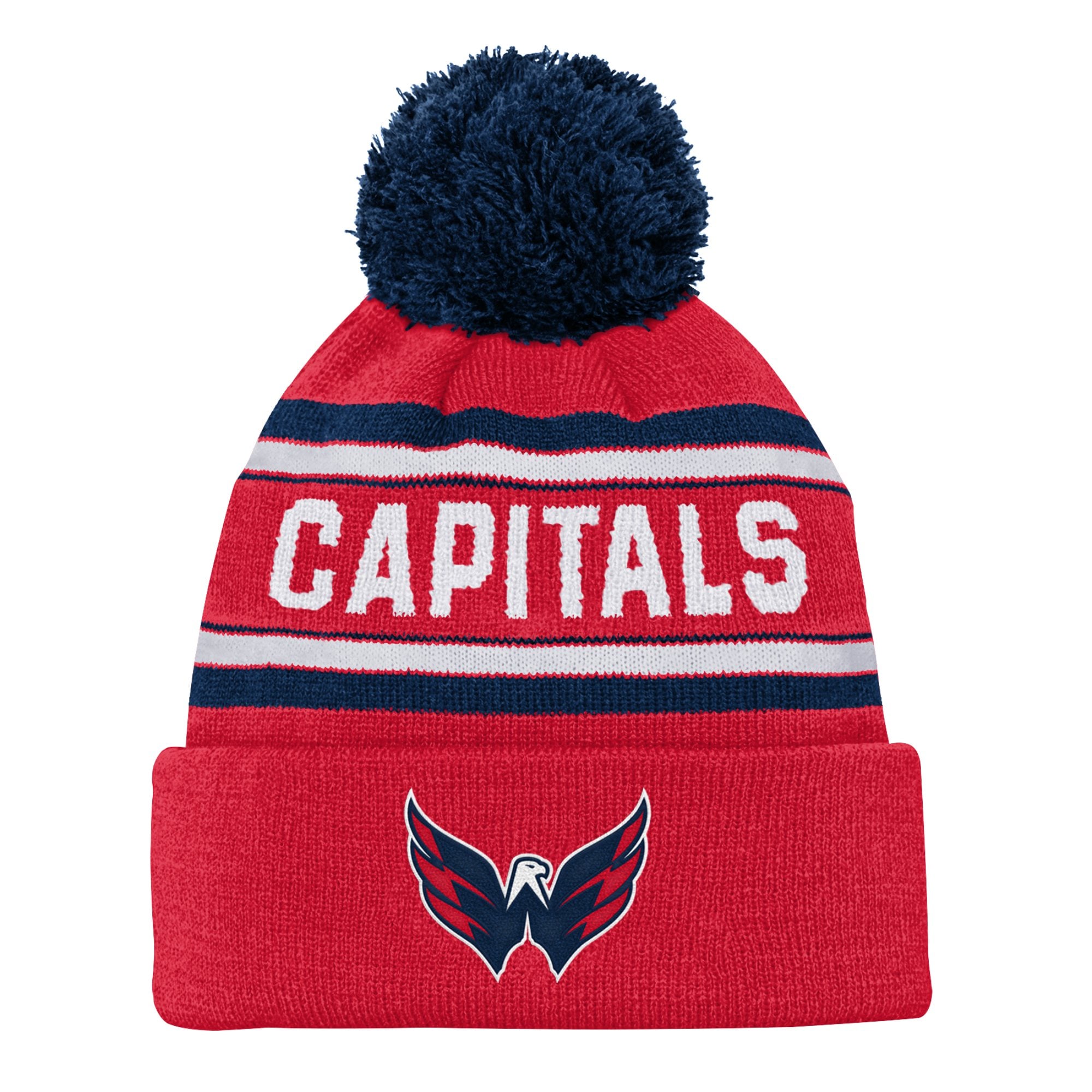 Bonnet en tricot à revers en jacquard rouge pour jeunes Washington Capitals avec pompon