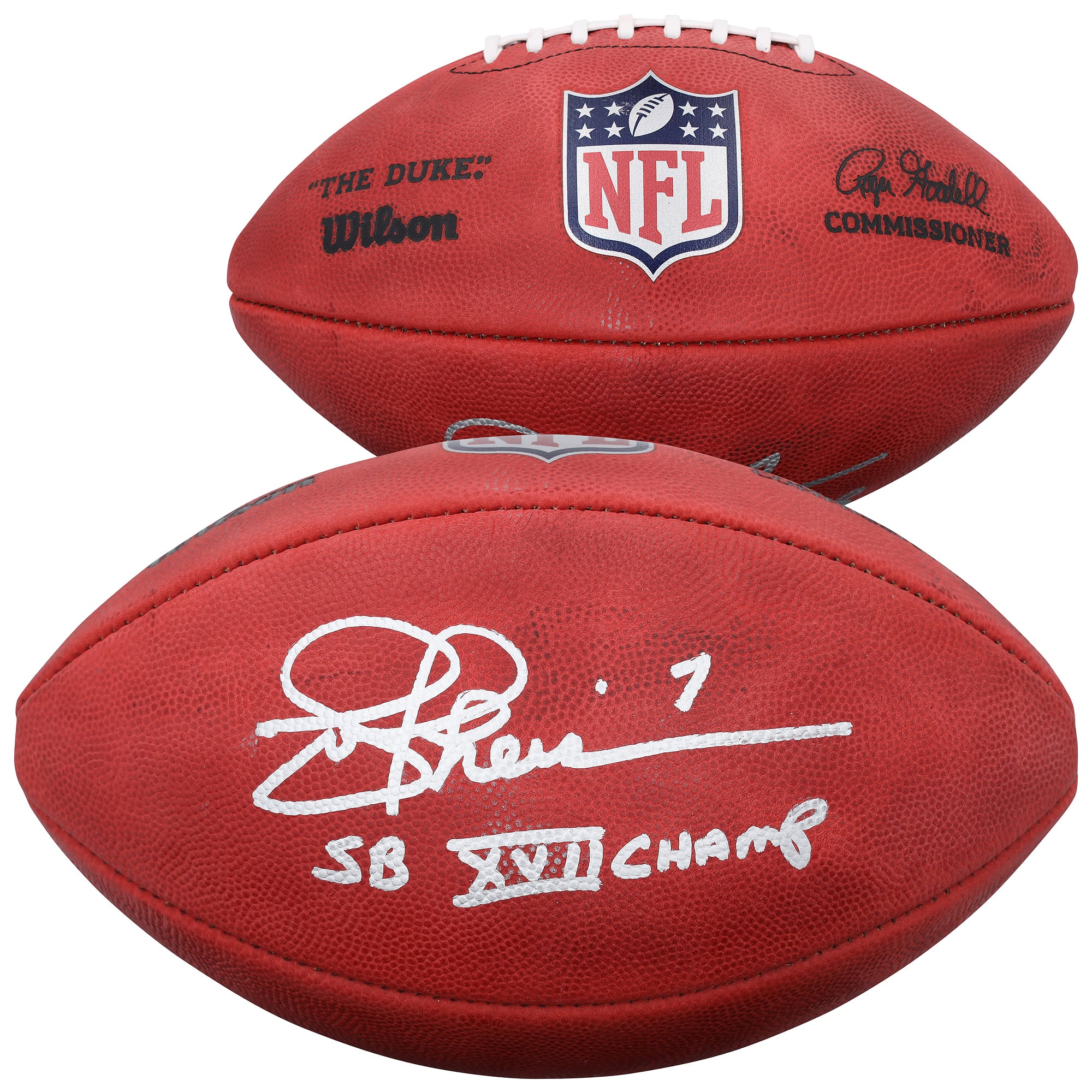 Ballon de football américain Wilson Duke en couleurs, autographié par Joe Theismann, des Washington Commanders, avec inscription « Champions du Super Bowl XVII ».