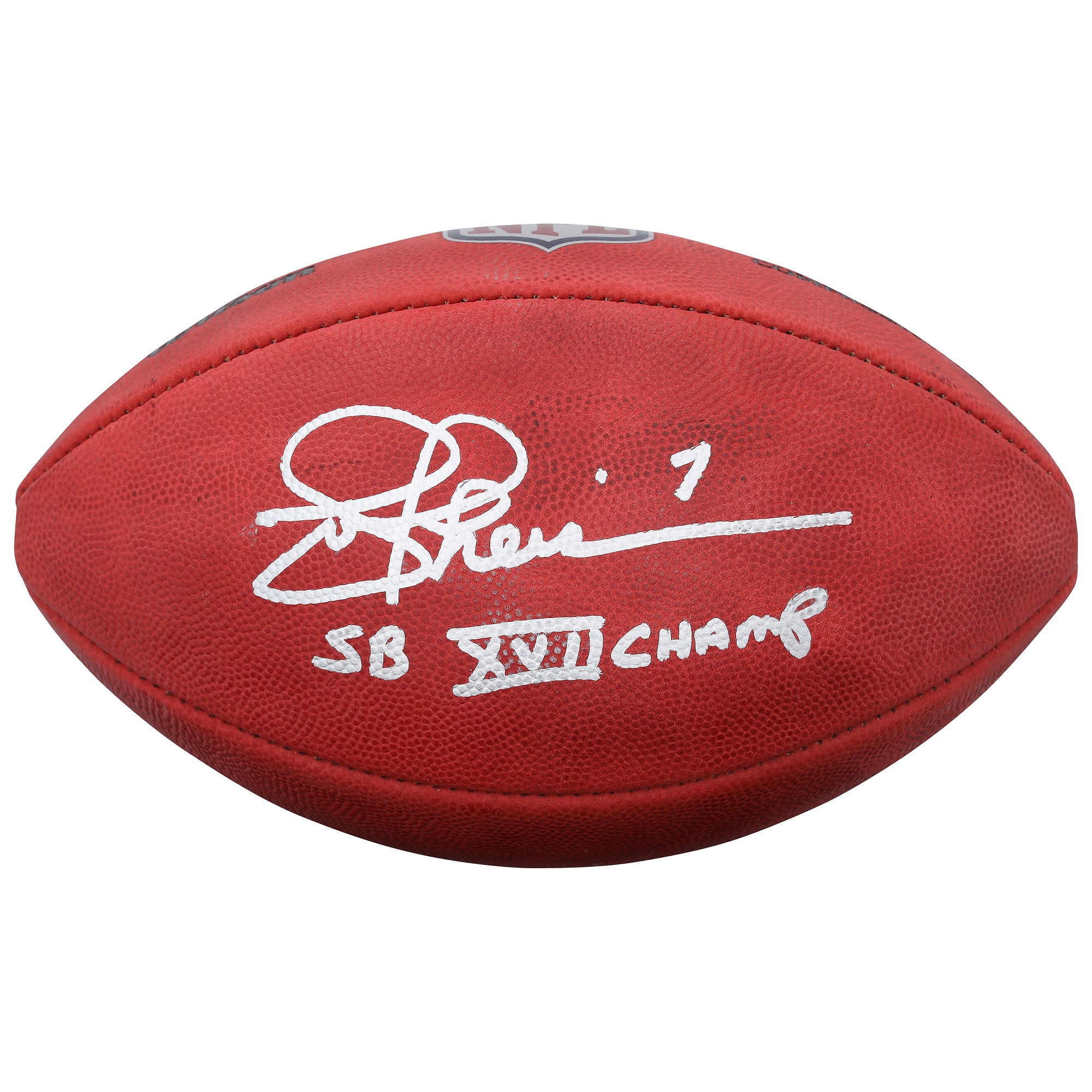 Ballon de football américain Wilson Duke en couleurs, autographié par Joe Theismann, des Washington Commanders, avec inscription « Champions du Super Bowl XVII ».