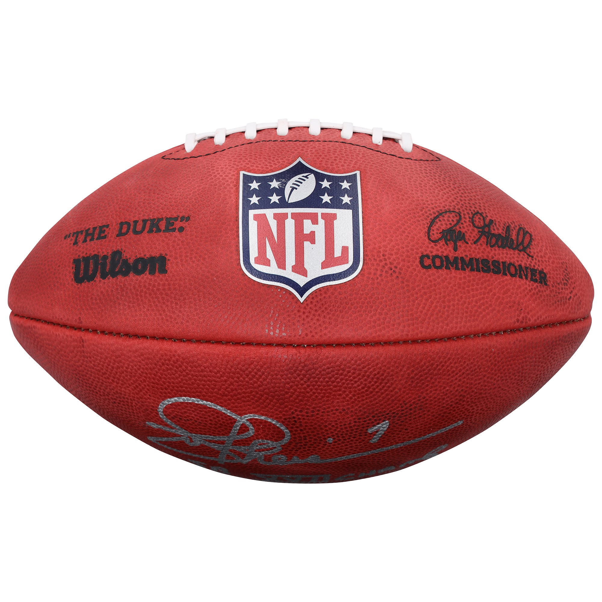 Ballon de football américain Wilson Duke en couleurs, autographié par Joe Theismann, des Washington Commanders, avec inscription « Champions du Super Bowl XVII ».