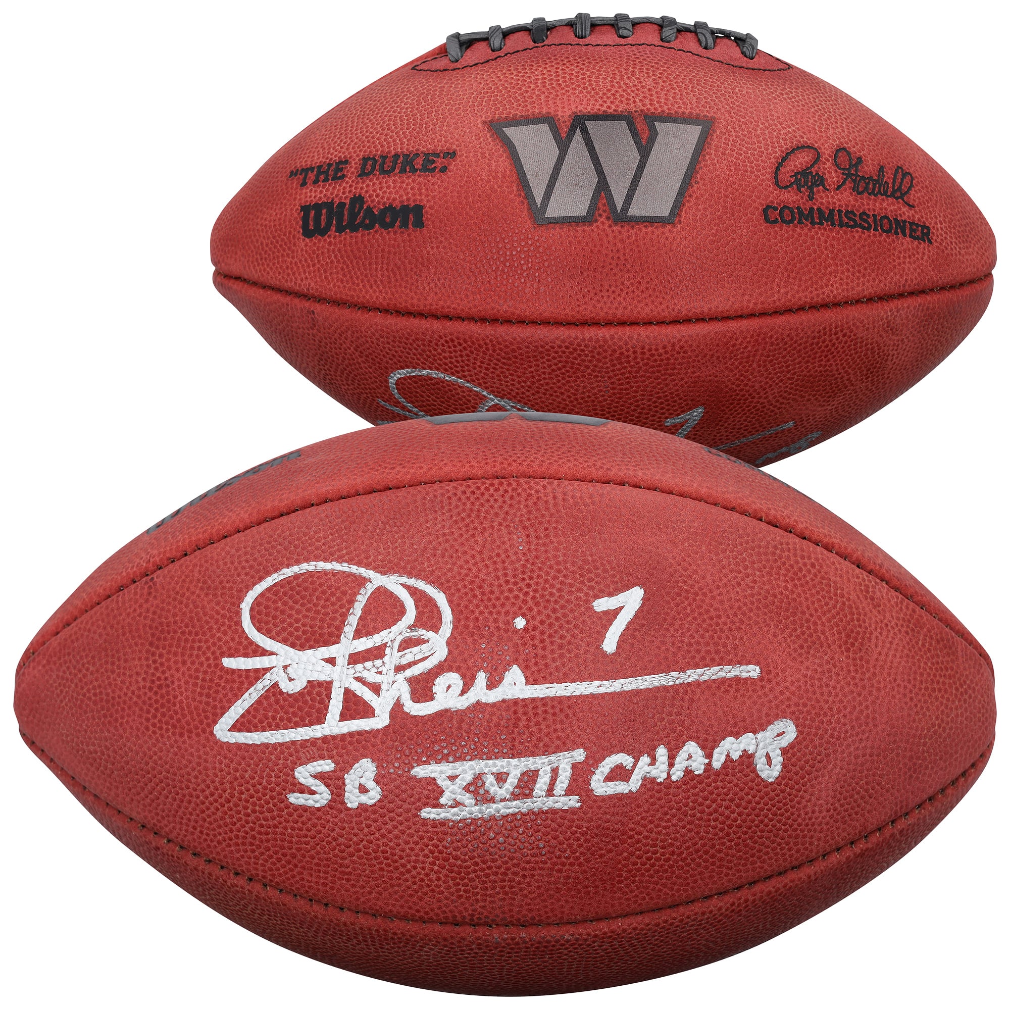 Joe Theismann Washington Commanders Autographed Wilson Duke Metallic Silver Football with "SB XVII Champs" Inscription