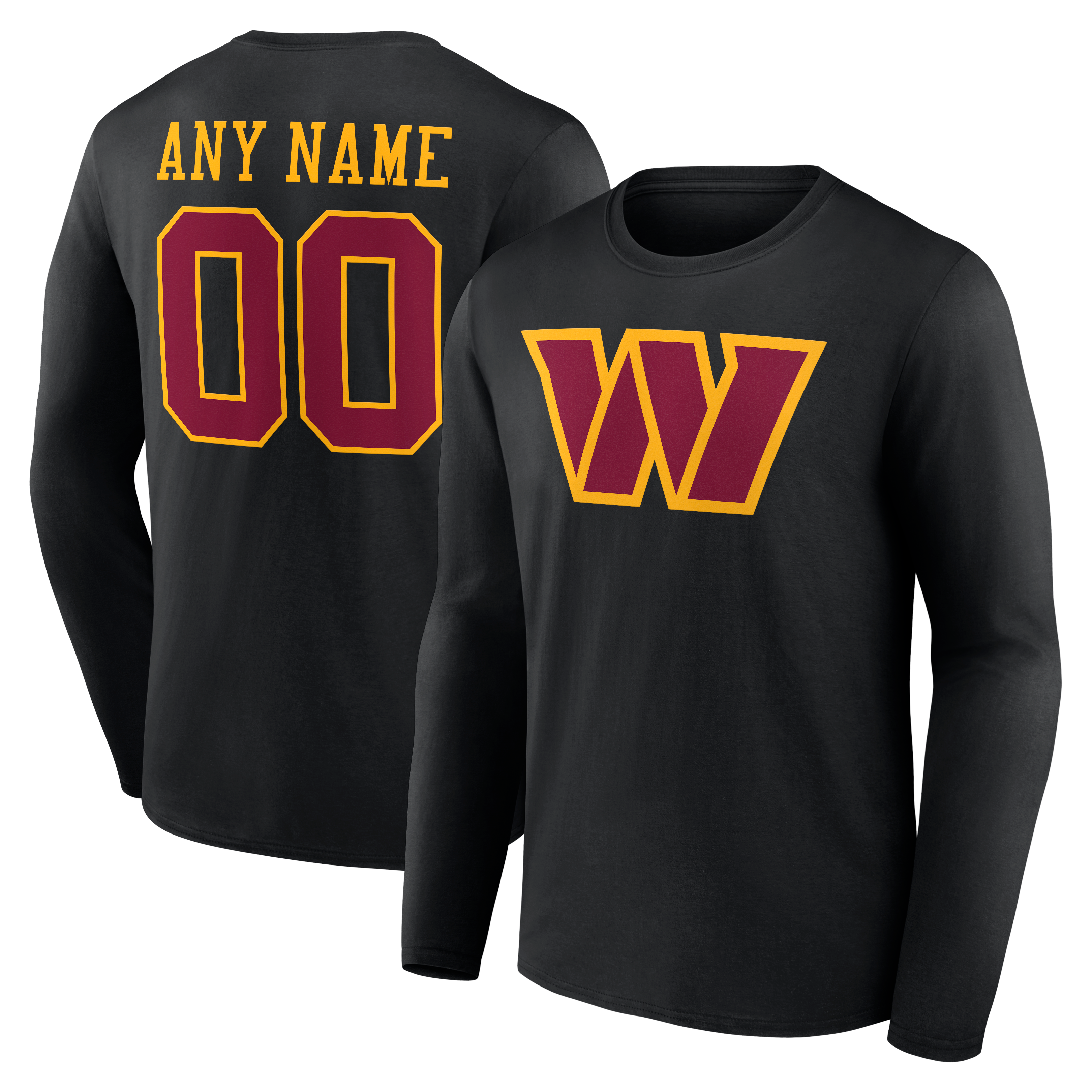 T-shirt à manches longues authentique et personnalisé avec nom numéro de l'équipe des Washington Commanders, noir, pour homme