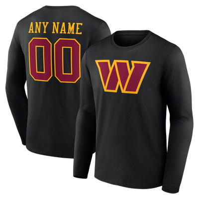T-shirt à manches longues authentique et personnalisé avec nom et numéro de l'équipe des Washington Commanders - Noir