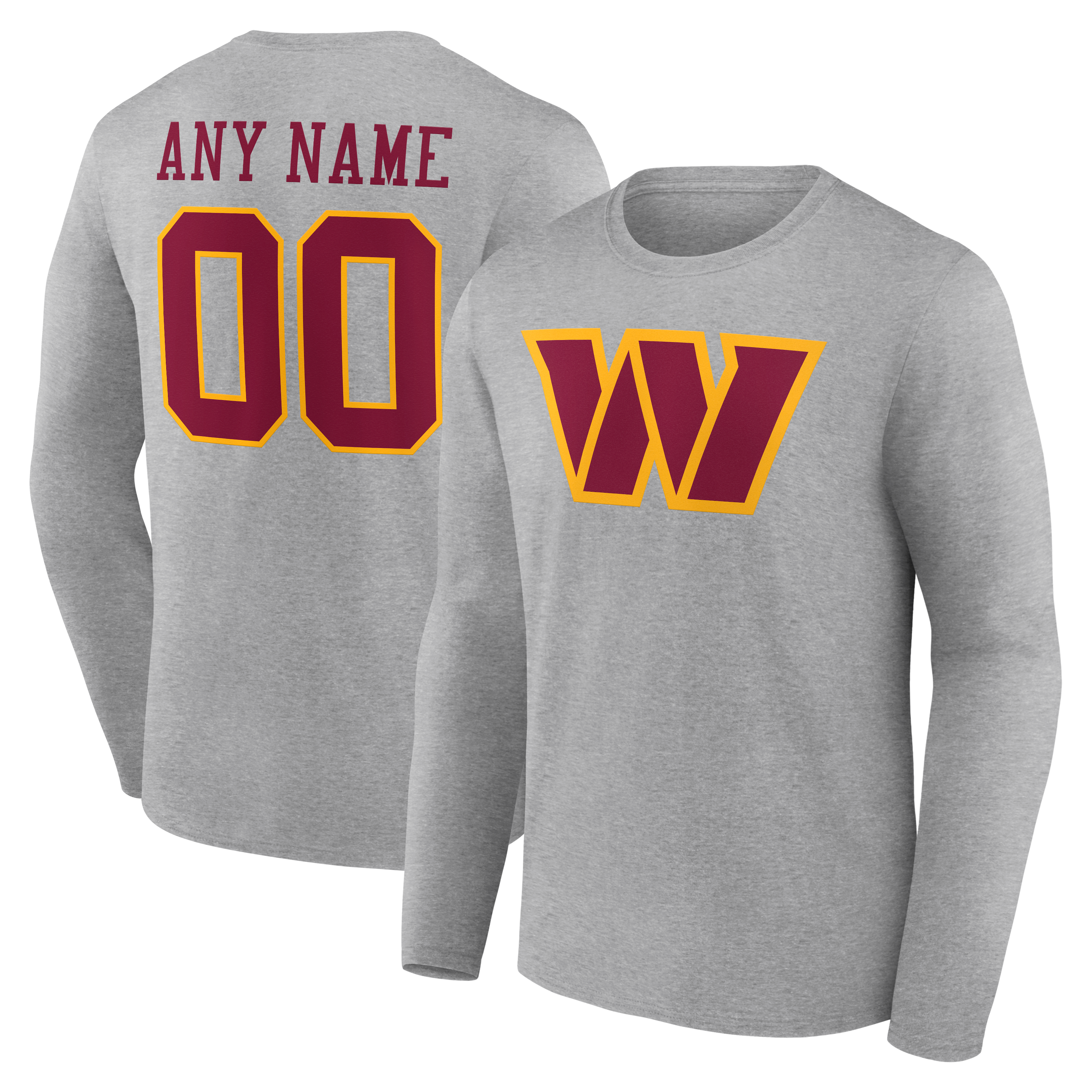 T-shirt à manches longues authentique et personnalisé avec nom numéro de l'équipe des Washington Commanders, gris, pour homme