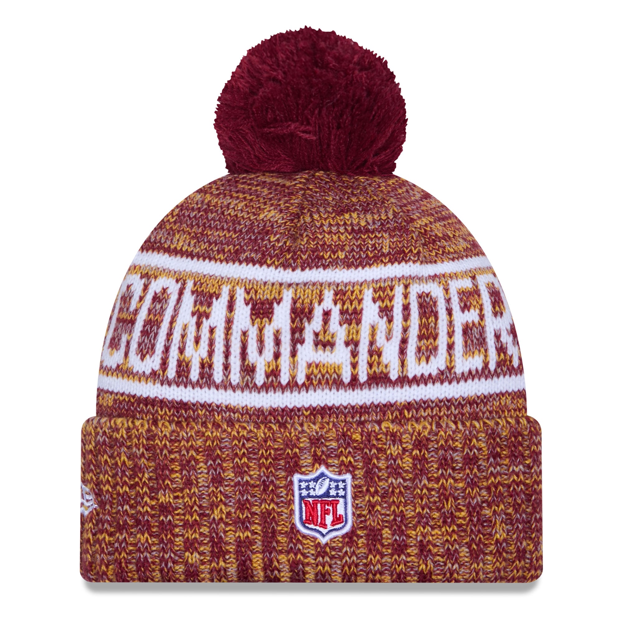Bonnet en tricot à revers et pompon pour homme New Era Bordeaux Washington Commanders 2025 Sideline