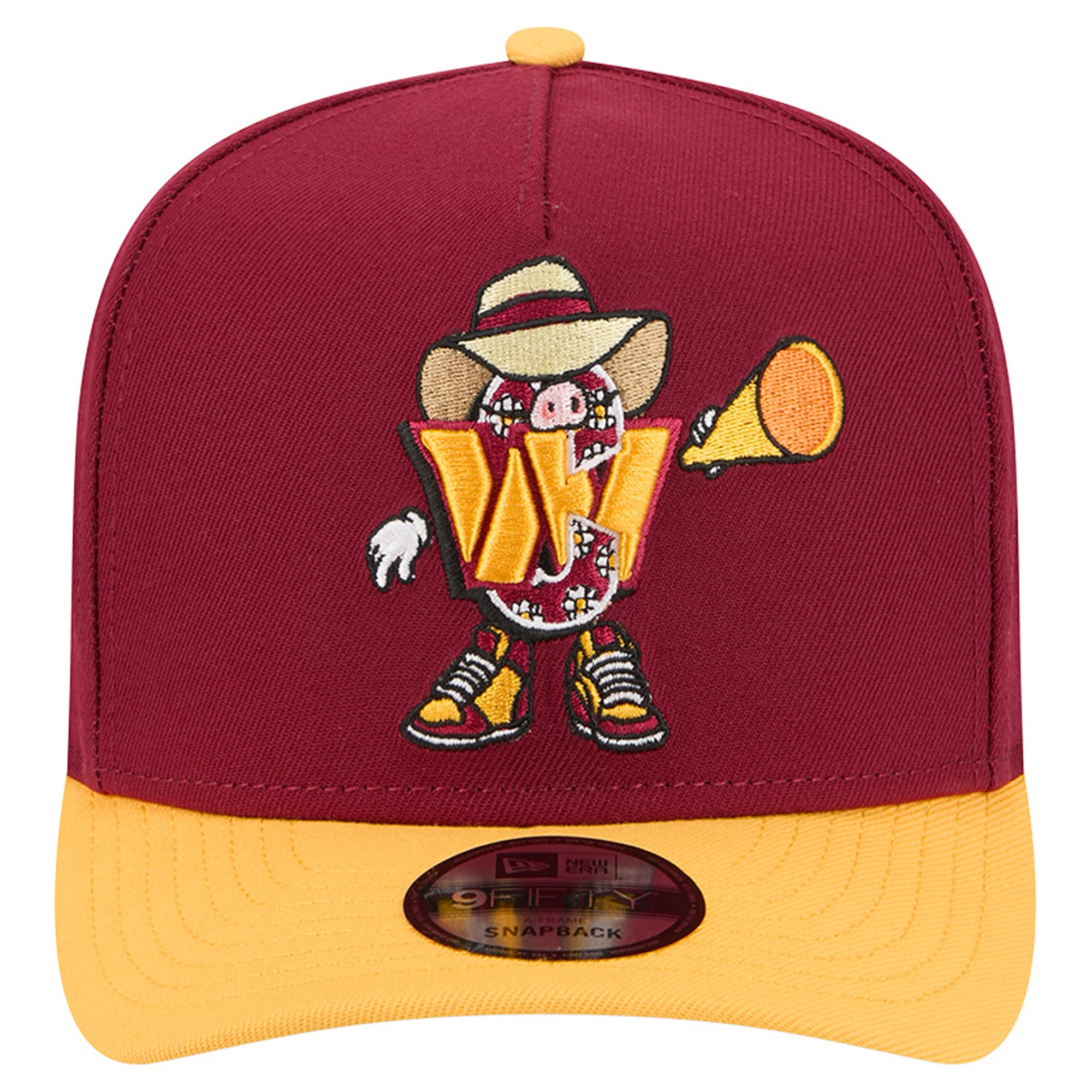 Casquette snapback New Era 9FIFTY pour homme, bordeaux/or, motif Washington Commanders, style cartoon.