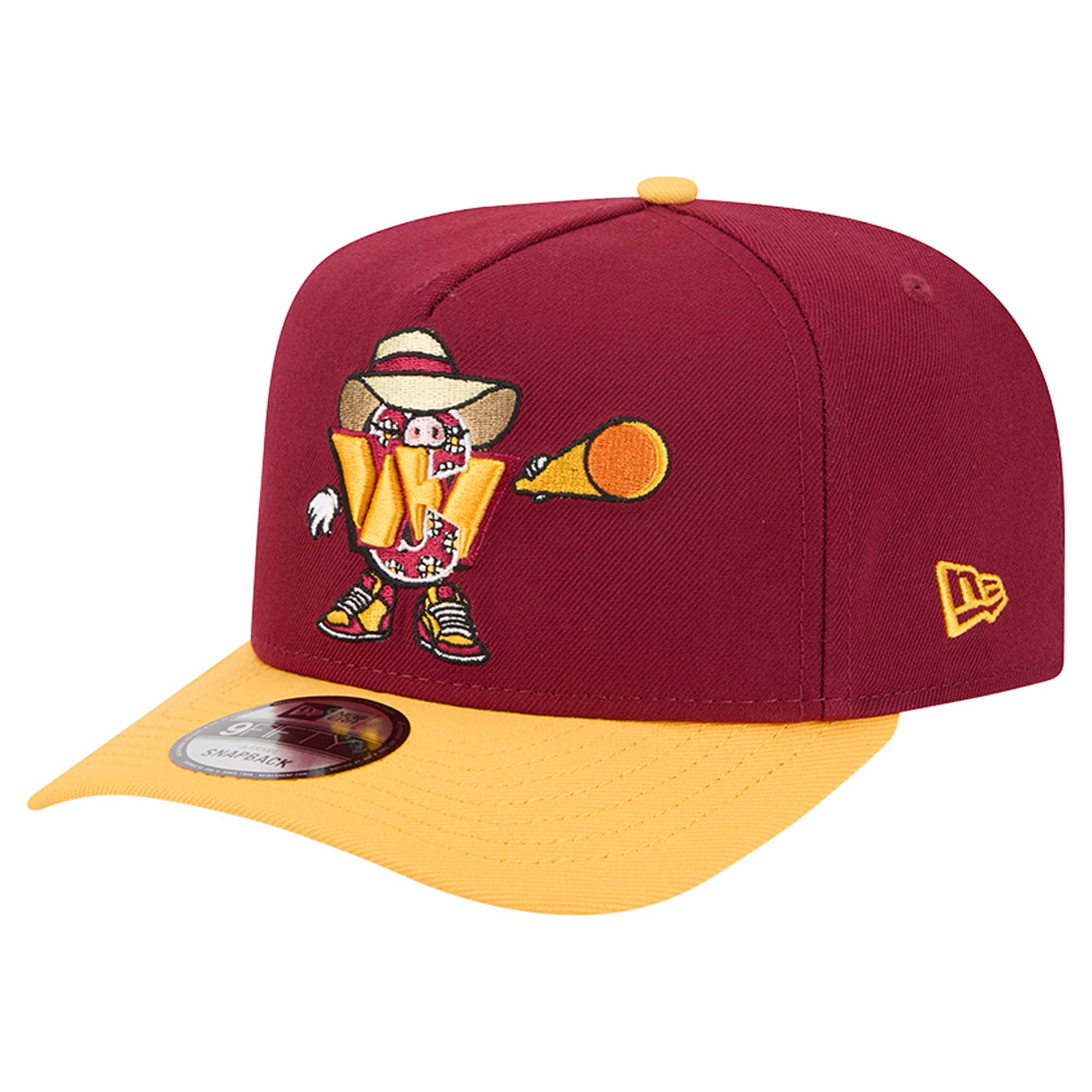 Casquette snapback New Era 9FIFTY pour homme, bordeaux/or, motif Washington Commanders, style cartoon.