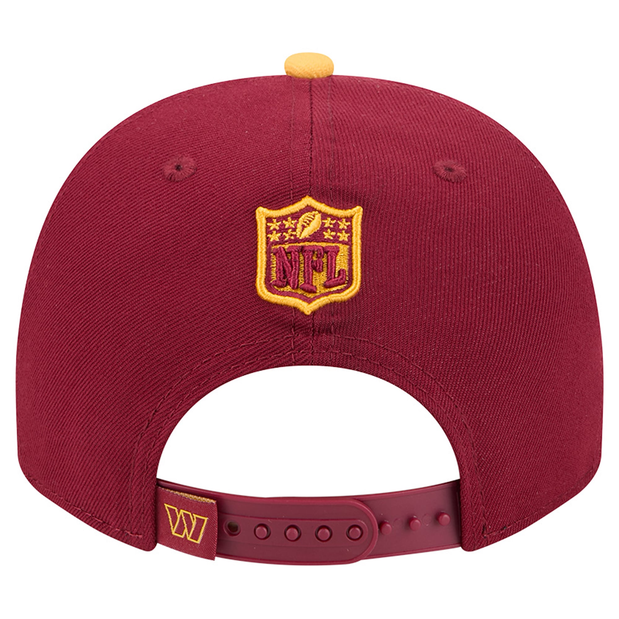 Casquette snapback New Era 9FIFTY pour homme, bordeaux/or, motif Washington Commanders, style cartoon.