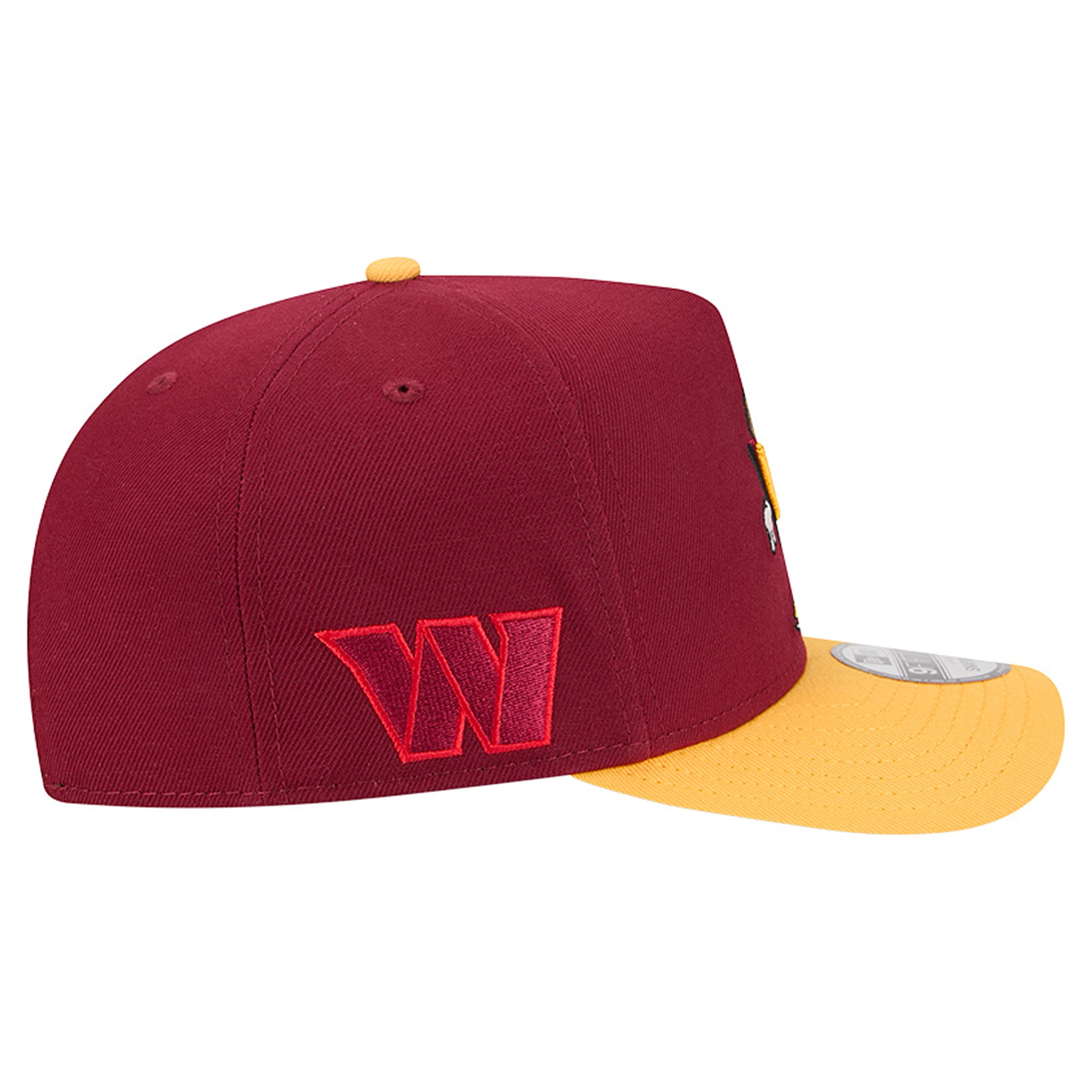 Casquette snapback New Era 9FIFTY pour homme, bordeaux/or, motif Washington Commanders, style cartoon.
