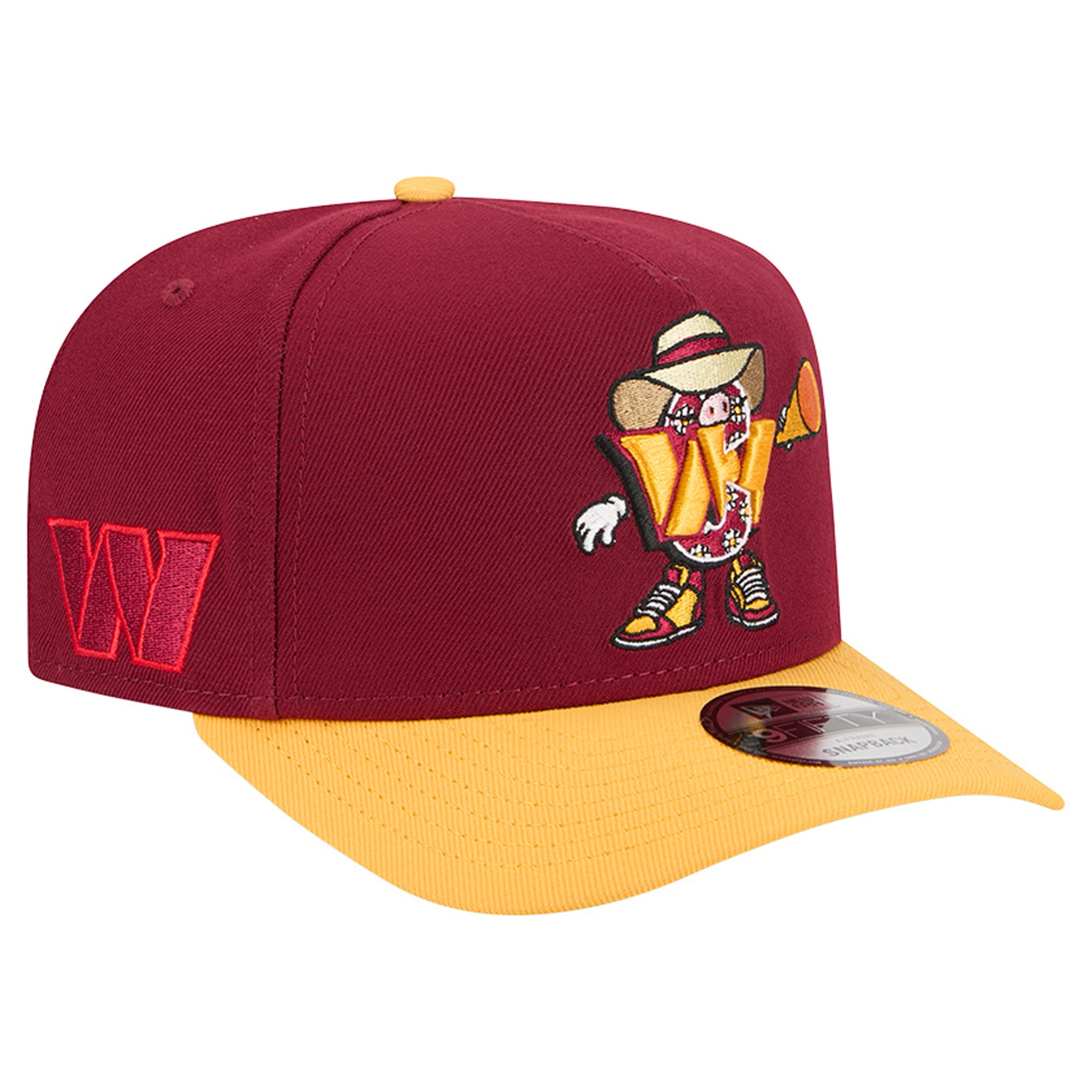 Casquette snapback New Era 9FIFTY pour homme, bordeaux/or, motif Washington Commanders, style cartoon.