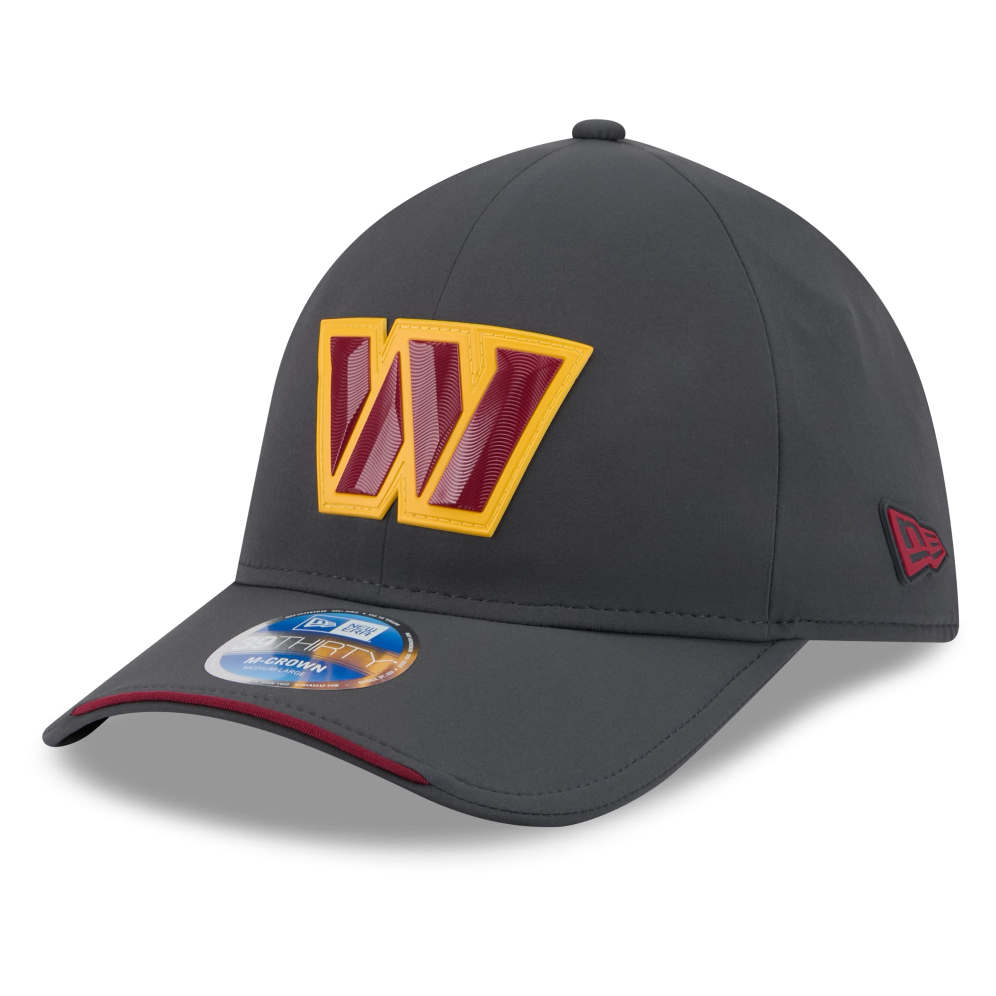 Casquette extensible New Era 39THIRTY M-Crown pour homme, couleur anthracite, Washington Commanders 2026 Sideline, idéale les temps froids.