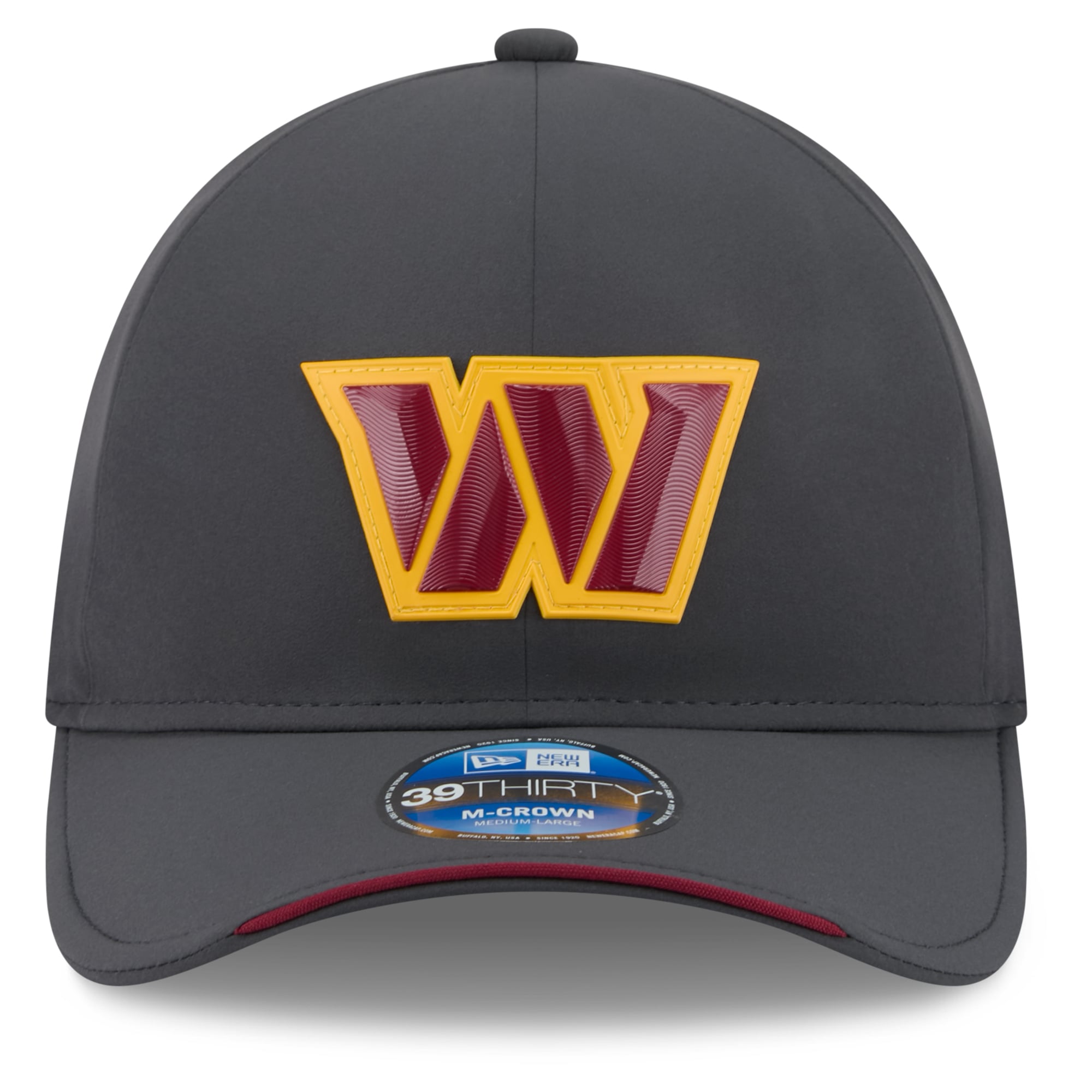 Casquette extensible New Era 39THIRTY M-Crown pour homme, couleur anthracite, Washington Commanders 2026 Sideline, idéale les temps froids.
