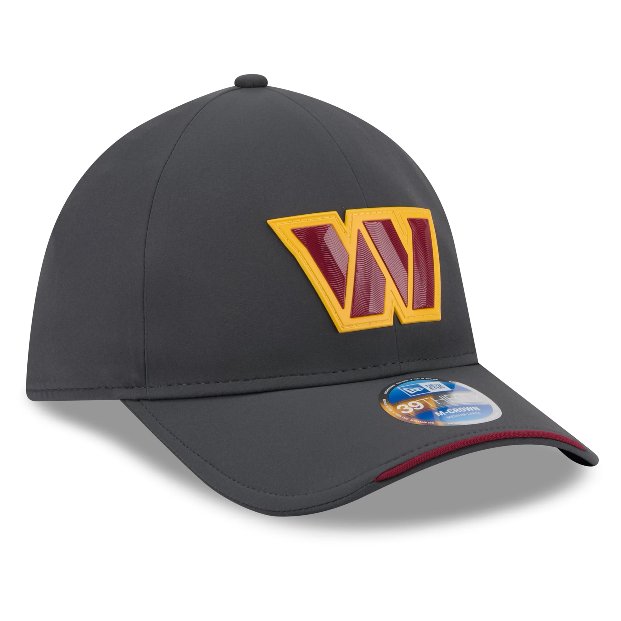 Casquette extensible New Era 39THIRTY M-Crown pour homme, couleur anthracite, Washington Commanders 2026 Sideline, idéale les temps froids.