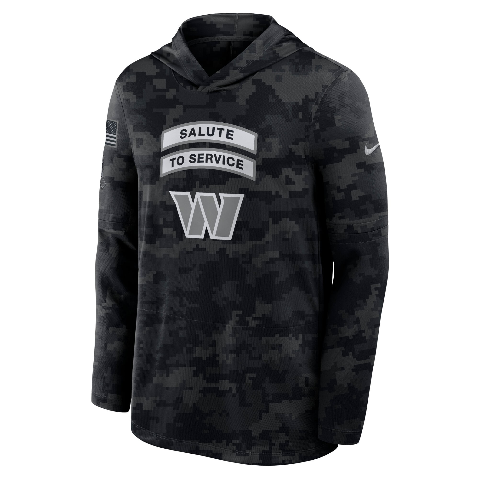 T-shirt à manches longues Nike pour homme, noir, Washington Commanders 2026 Salute to Service, avec capuche et technologie Dri-FIT.