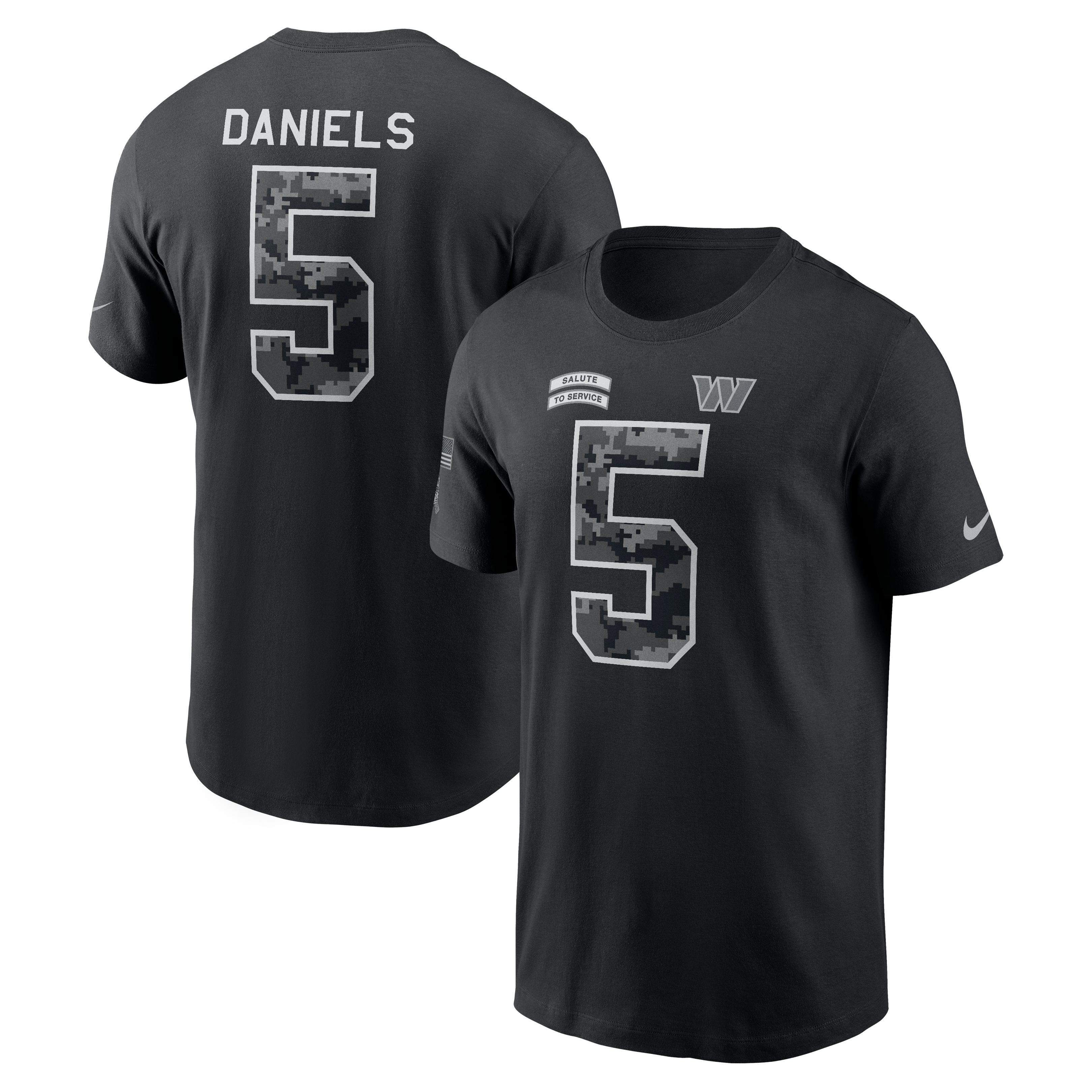 T-shirt Nike Jayden Daniels noir pour homme, Washington Commanders 2026, hommage au service, nom et numéro