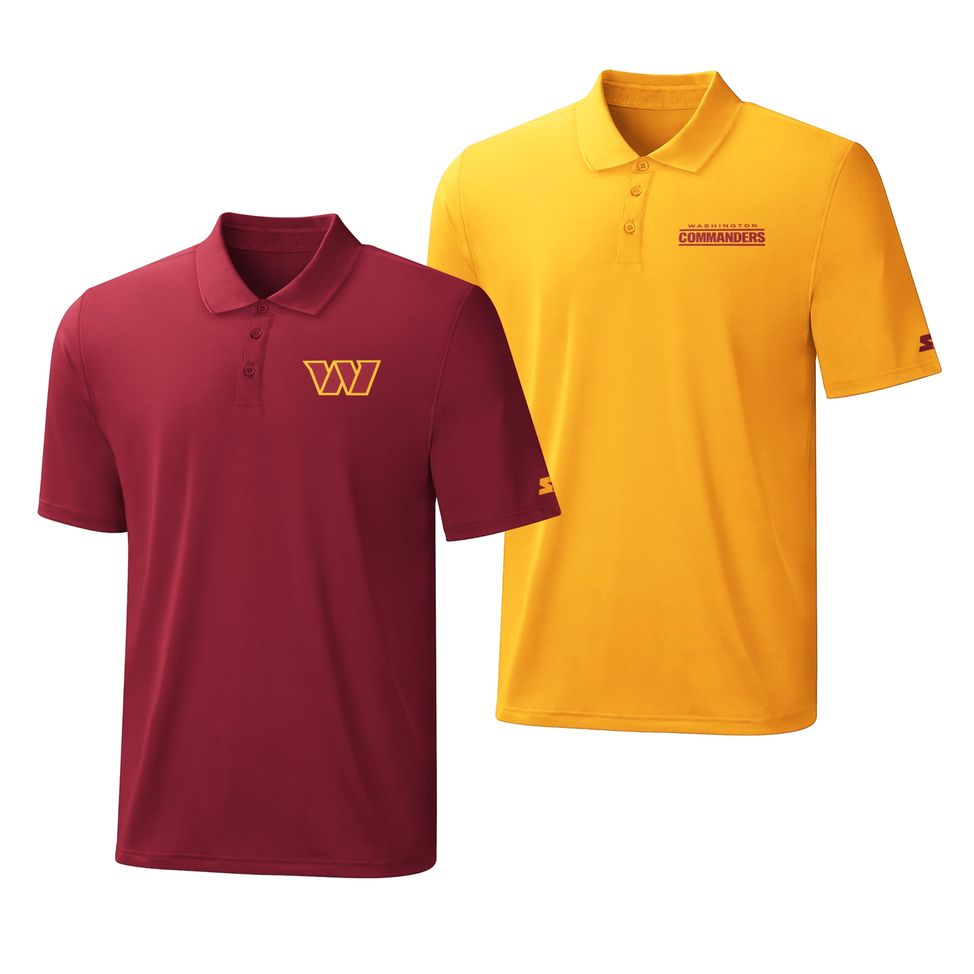 Ensemble de deux polos à logo Washington Commanders, bordeaux et or, la marque Starter, pour homme.