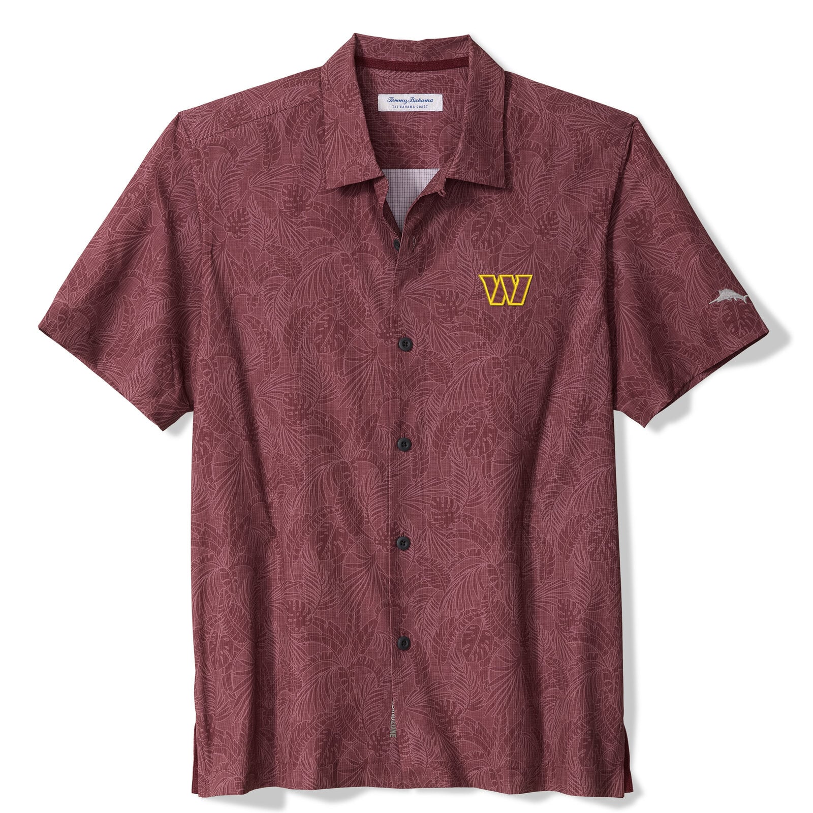 Chemise à manches courtes boutonnée Tommy Bahama pour homme, couleur bordeaux, motif Washington Commanders Saltwater Fronds