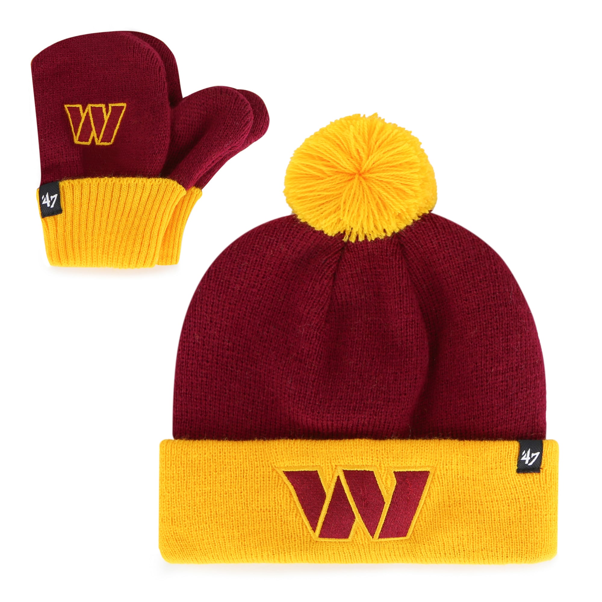 Ensemble bonnet en tricot à revers Bam Bam avec pompons et mitaines pour tout-petits '47 bordeaux/or Washington Commanders