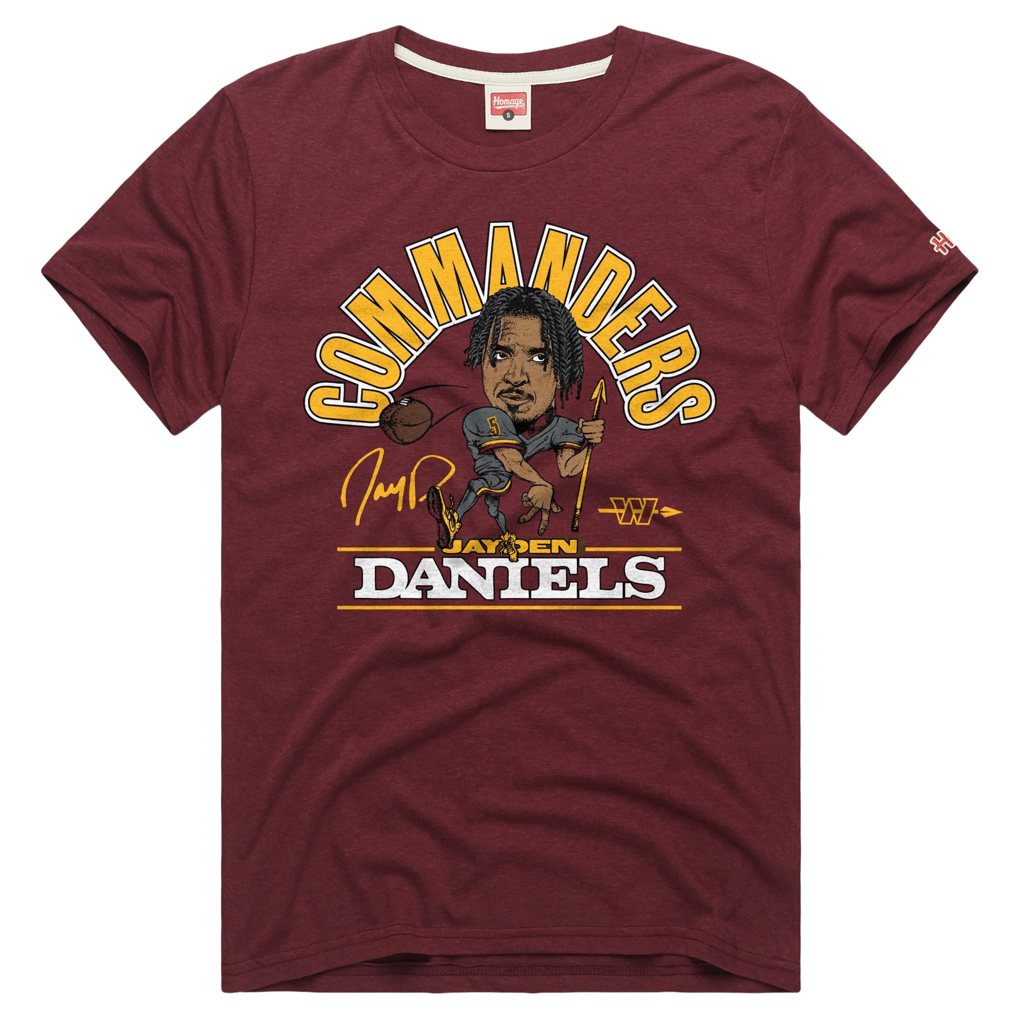 T-shirt unisexe en mélange de trois matières, hommage à Jayden Daniels, bordeaux, Washington Commanders, avec caricature du joueur