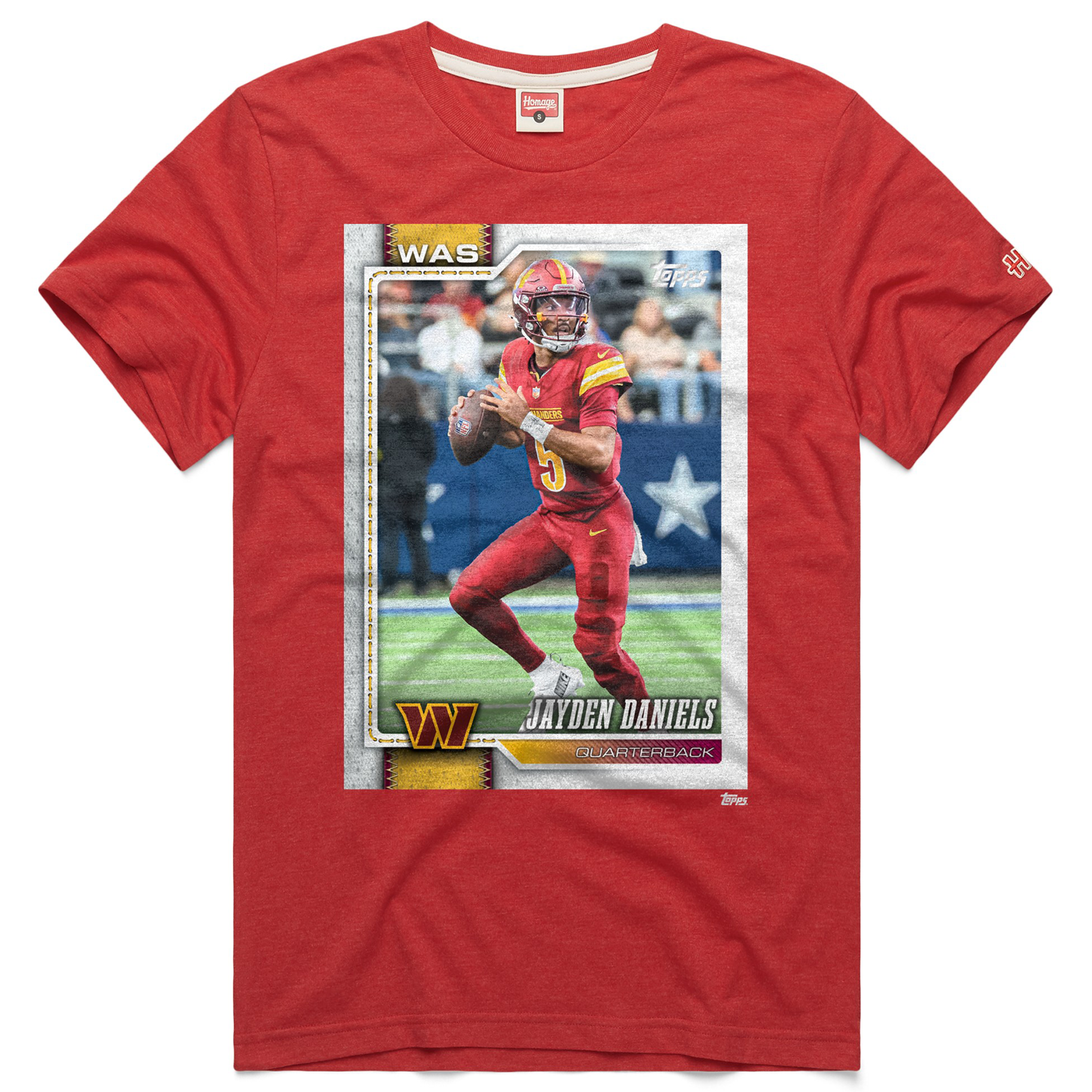 T-shirt unisexe Hommage à Jayden Daniels, bordeaux, Washington Commanders, NFL Topps Trading Card, mélange de trois matières