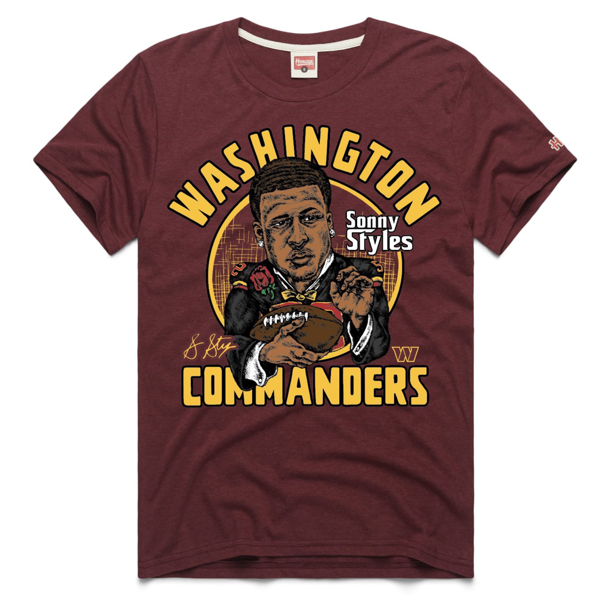 T-shirt unisexe en mélange de trois matières, hommage à Sonny Styles, bordeaux, Washington Commanders, avec caricature du joueur