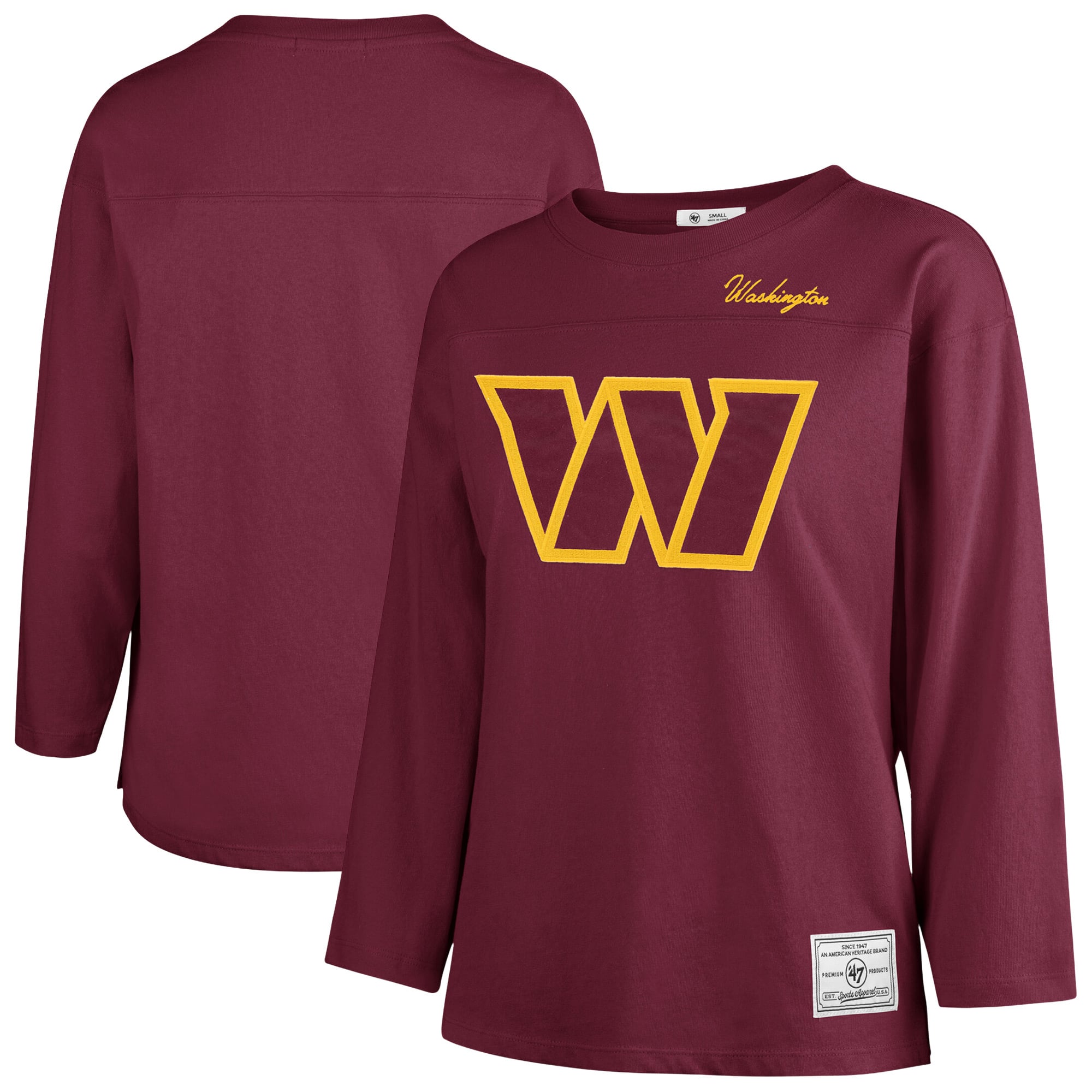 T-shirt à manches longues intemporel « 47 Burgundy Washington Commanders Game Nod » pour femme