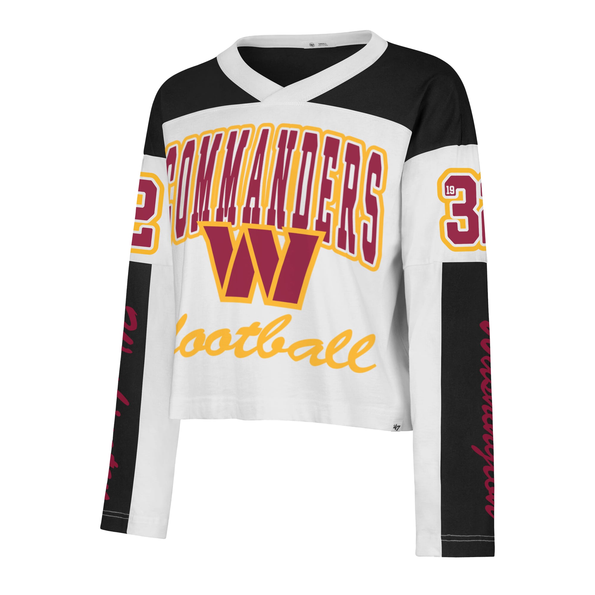 T-shirt à manches longues et col en V « 47 White Washington Commanders Exclamation Metro » pour femme