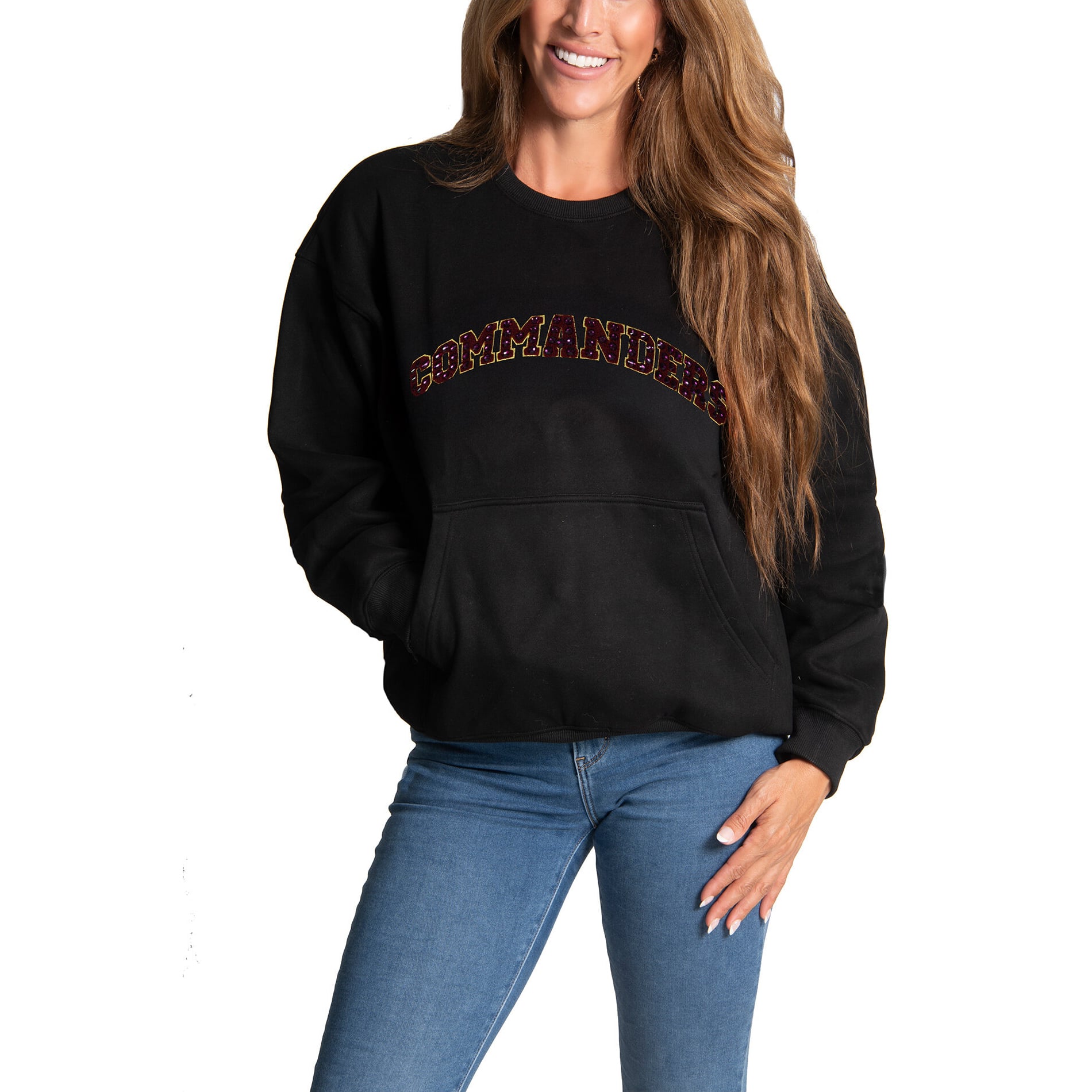 Women's FABGATING by Cuce Black Washington Commanders Chenille Jeweled Sweatshirt