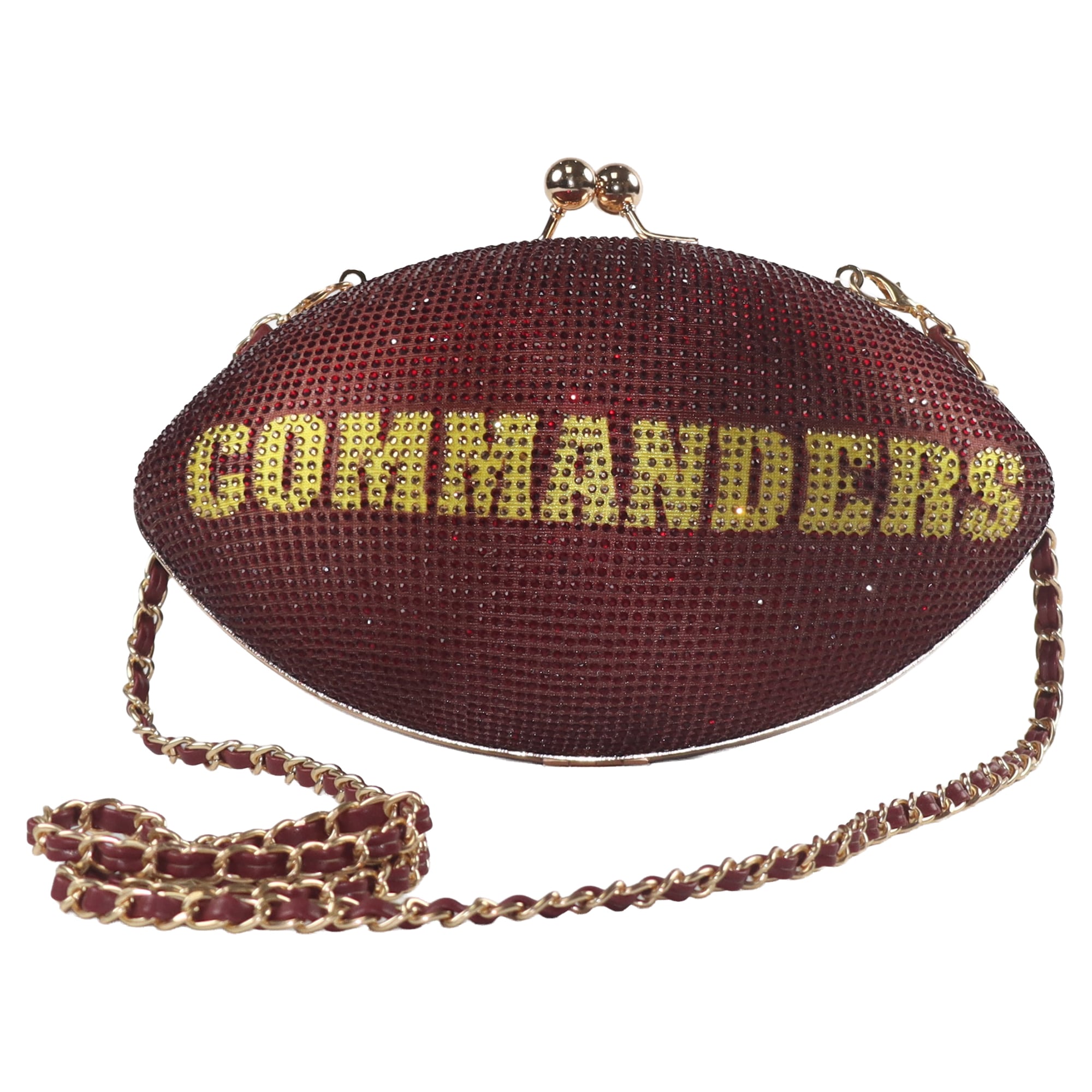 Sac à main FABGATING by Cuce pour femme, couleur bordeaux, style football américain, orné de cristaux.