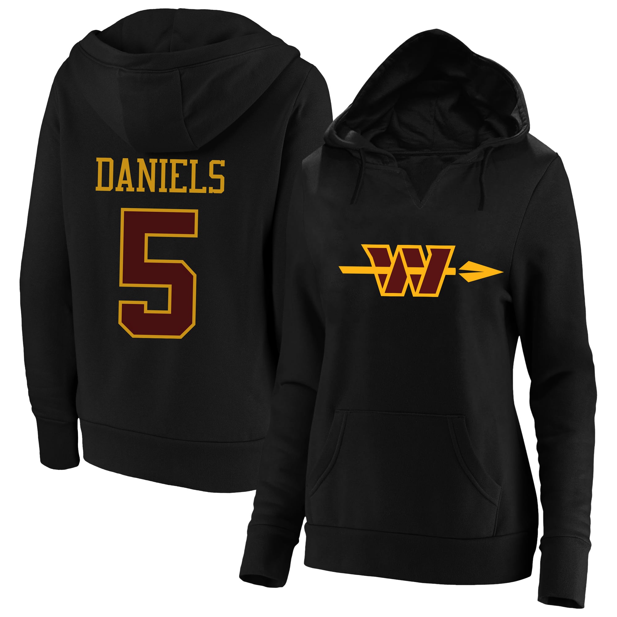 Women's Fanatics Jayden Daniels Black Washington Commanders Plus Player Name & Number Notch Neck Hoodie