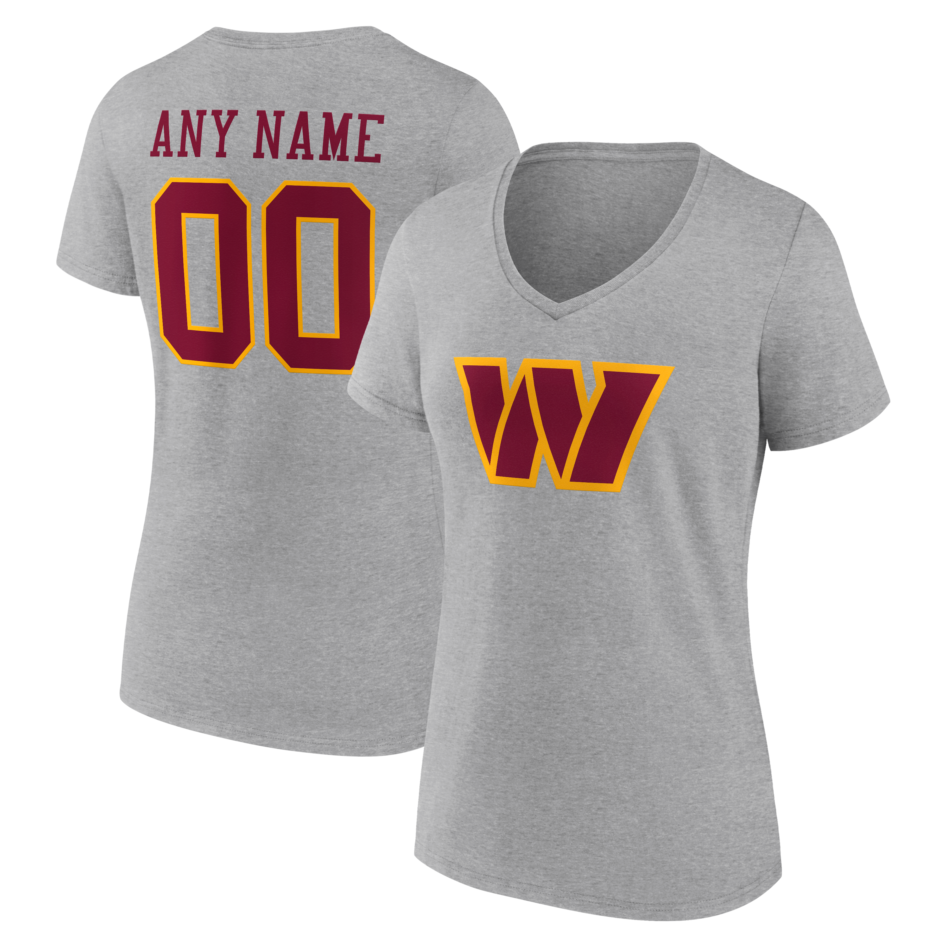 T-shirt à col en V authentique et personnalisé avec nom numéro de l'équipe Washington Commanders, gris, pour femmes