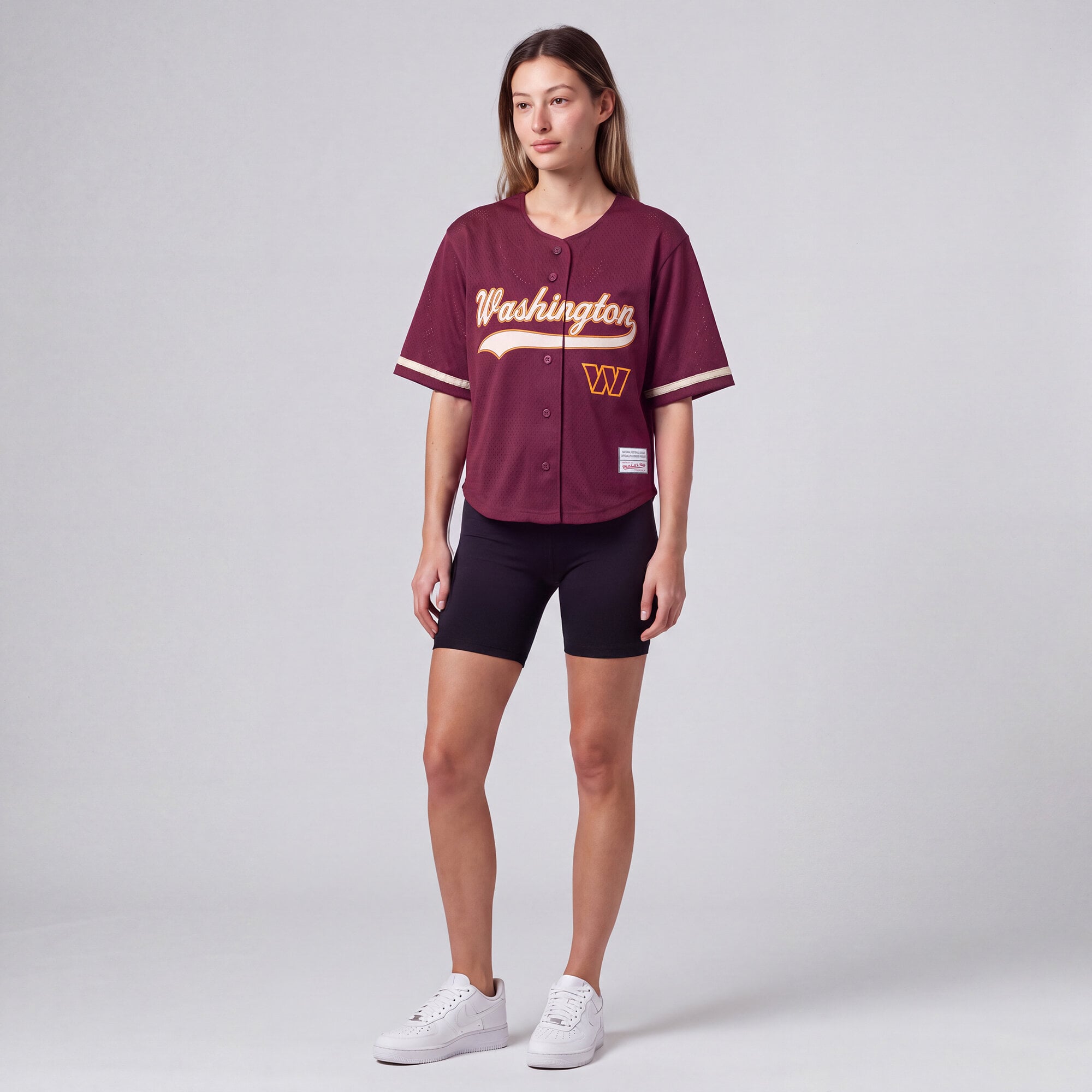 Maillot de baseball rétro Roots des Washington Commanders, couleur bordeaux, pour femmes, Mitchell & Ness